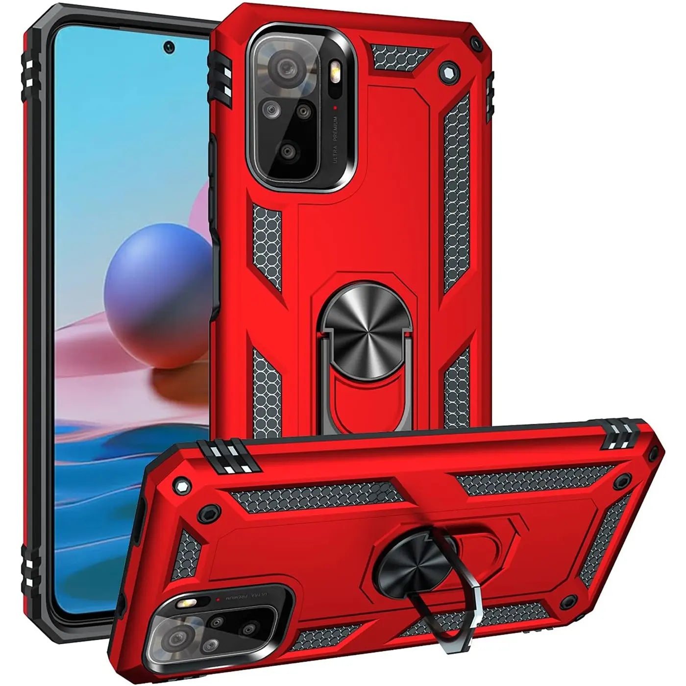 Rote Hülle mit Ringhalter für Xiaomi Redmi Note 10/10S, aus Kunststoff, von vorne/oben