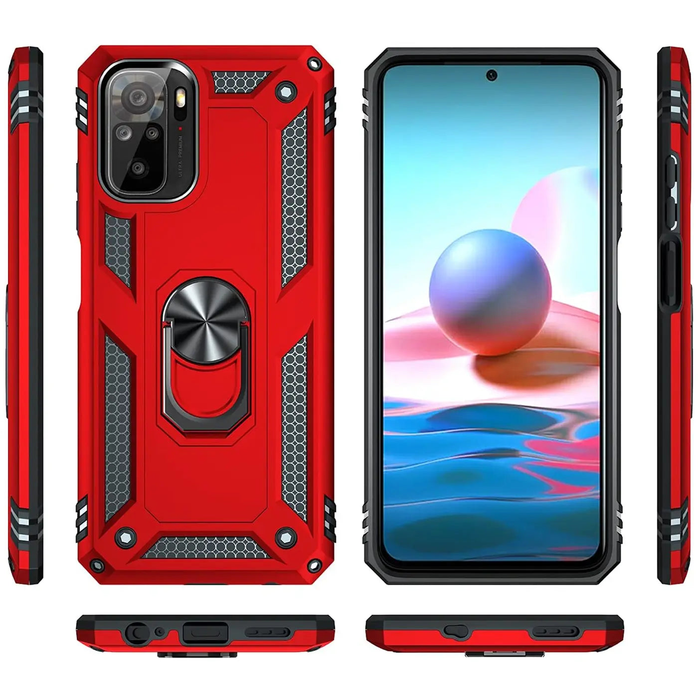 Rote Hülle aus Kunststoff mit Ringhalter für Xiaomi Redmi Note 10/10S, verschiedene Ansichten.