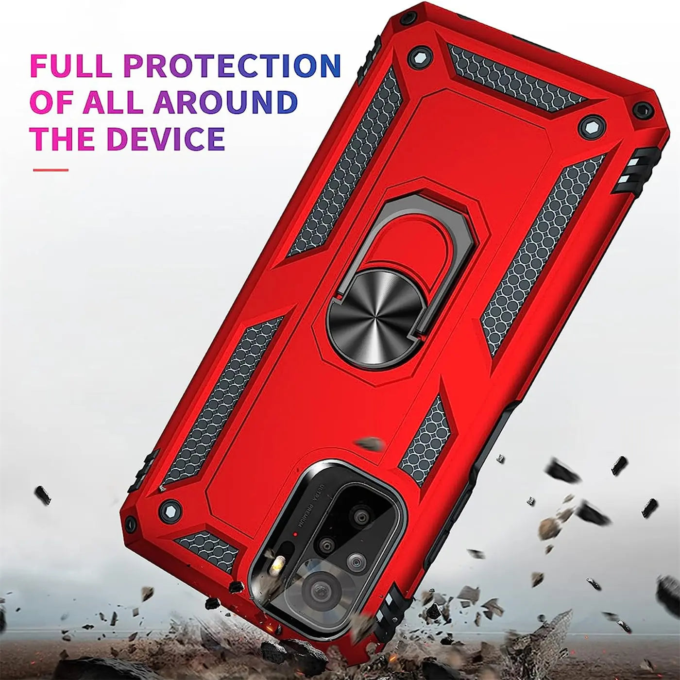 Rote Militärhülle mit Ringhalter für Xiaomi Redmi Note 10 / 10S, von schräg oben