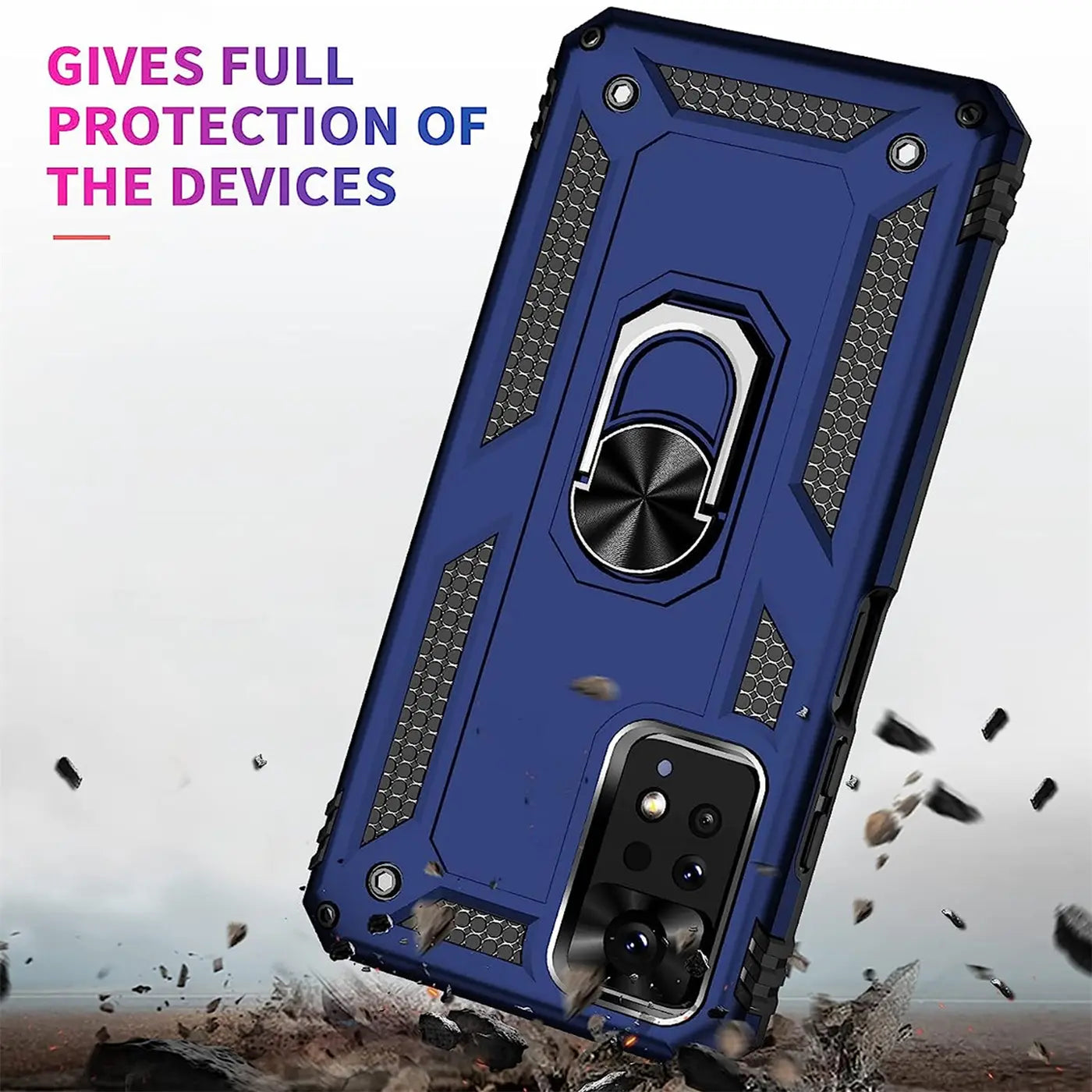 Blaue Hülle aus Kunststoff mit Ringhalter für Xiaomi Redmi Note 11 Pro, Rückansicht.