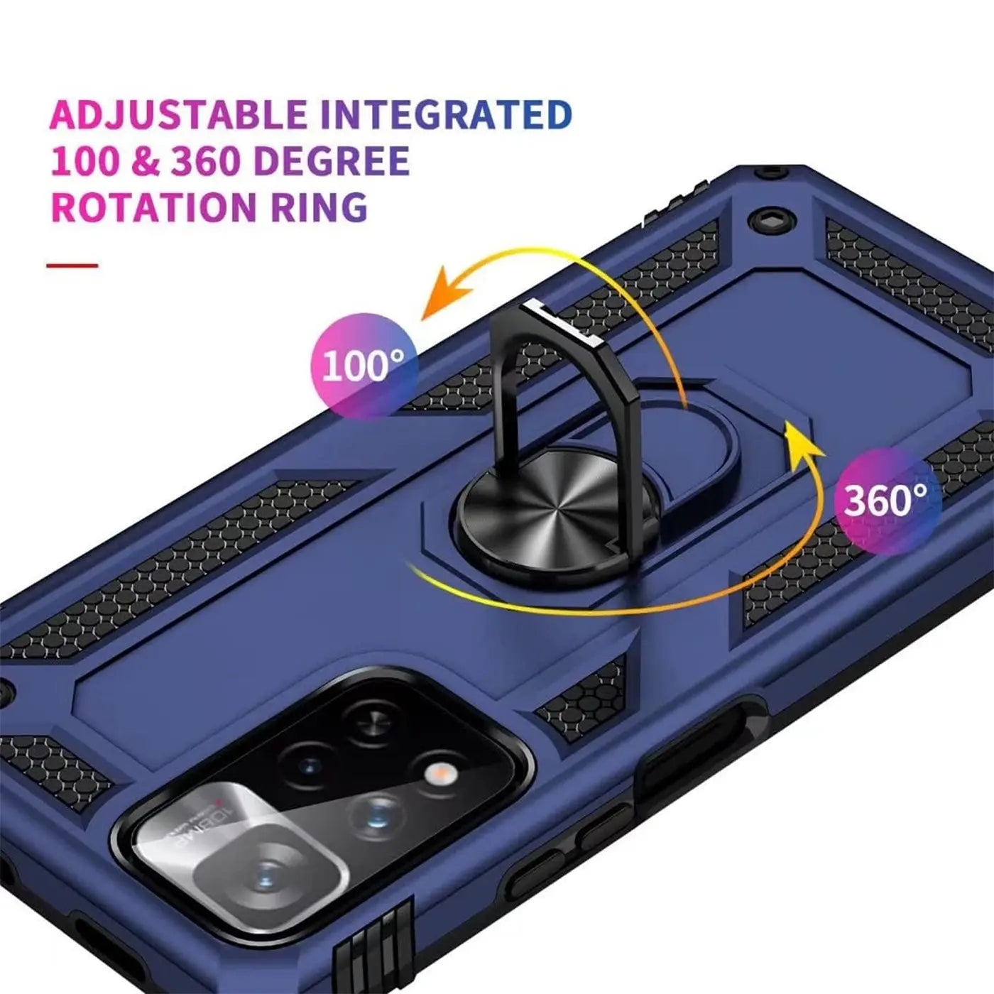 Dunkelblaue Handyhülle aus Kunststoff mit Ringhalter, Nahaufnahme, Xiaomi Redmi Note 11 Pro+ 5G erkennbar.