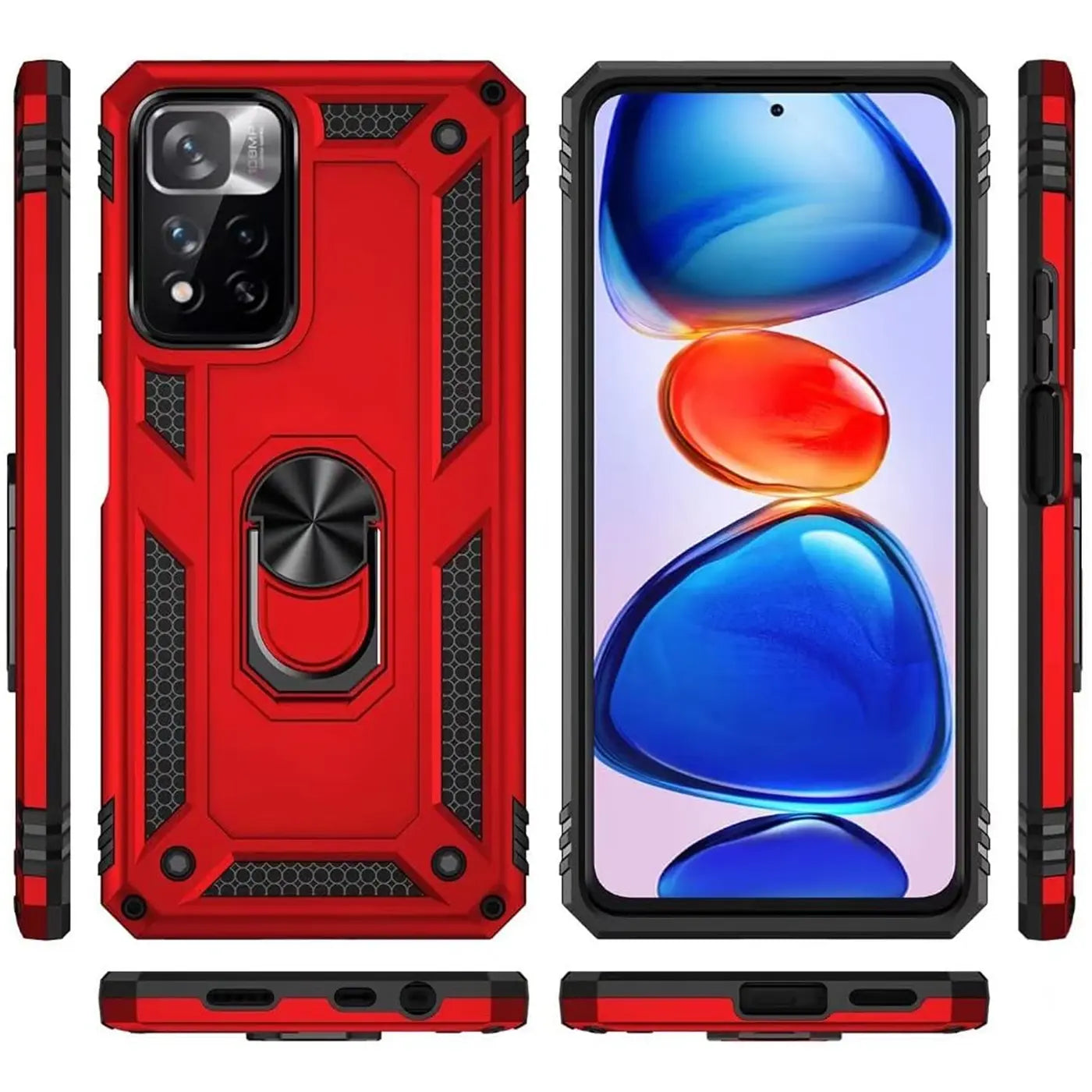 Rote Hülle mit Ringhalter für Xiaomi Redmi Note 11 Pro+ 5G, Rückansicht und Vorderansicht.