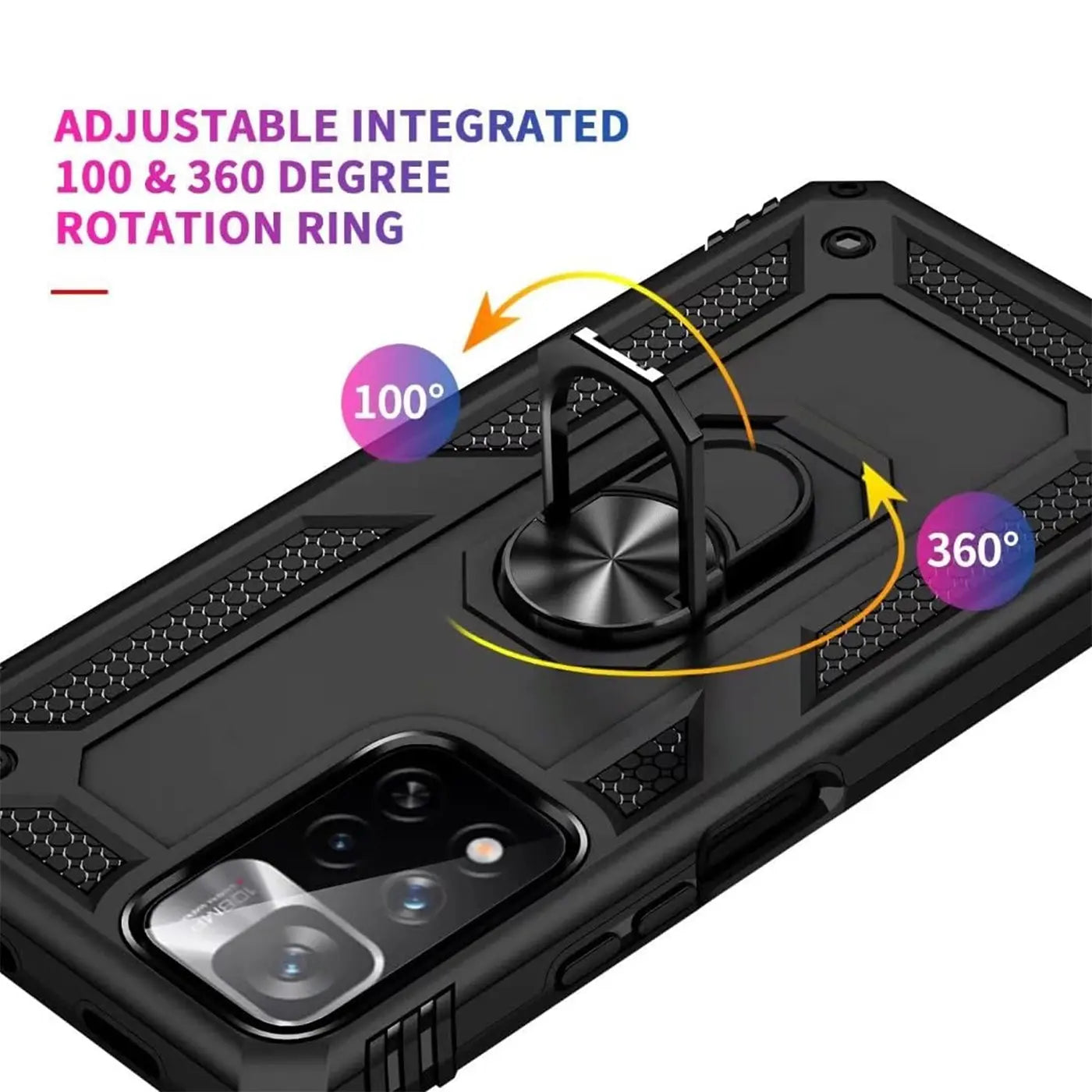 Schwarze Hülle aus Kunststoff mit Ringhalter für Xiaomi Redmi Note 11 Pro+ 5G, Draufsicht.