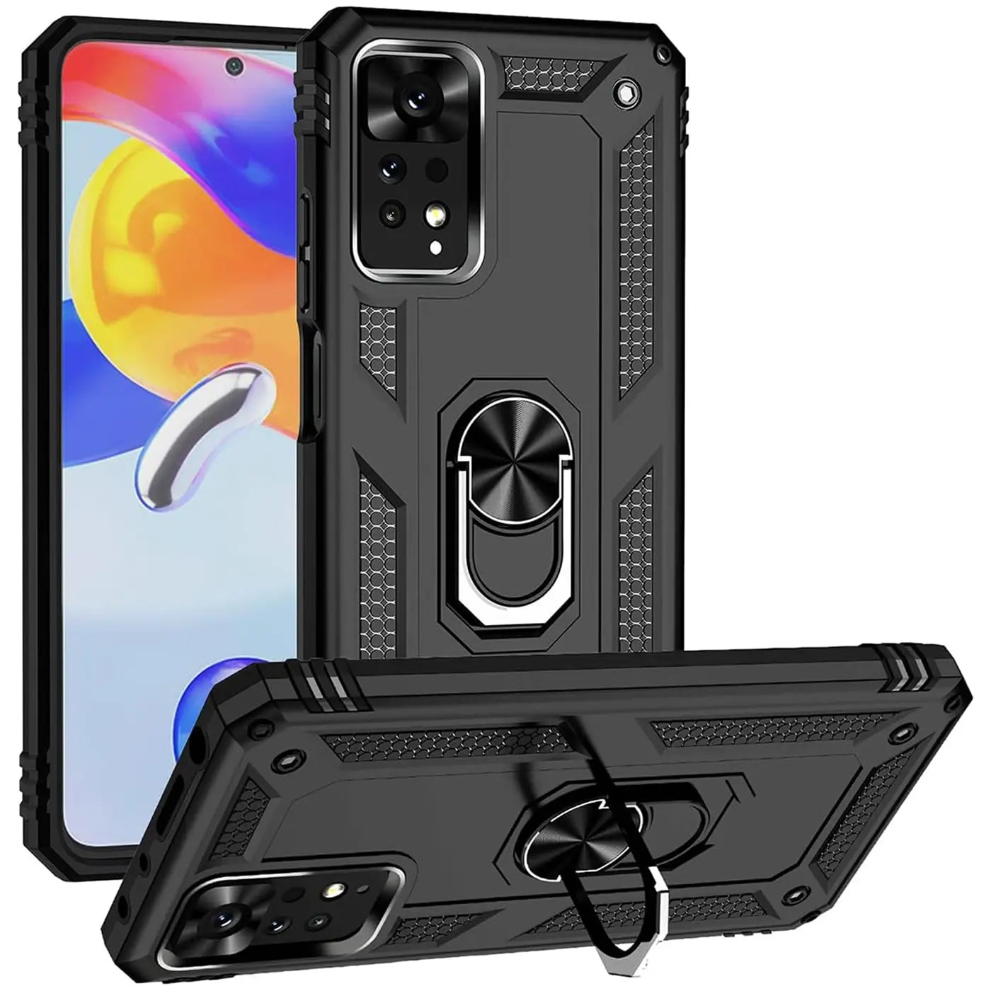 Schwarze Militär-Hülle aus Kunststoff mit Ringhalter für Xiaomi Redmi Note 11 Pro.