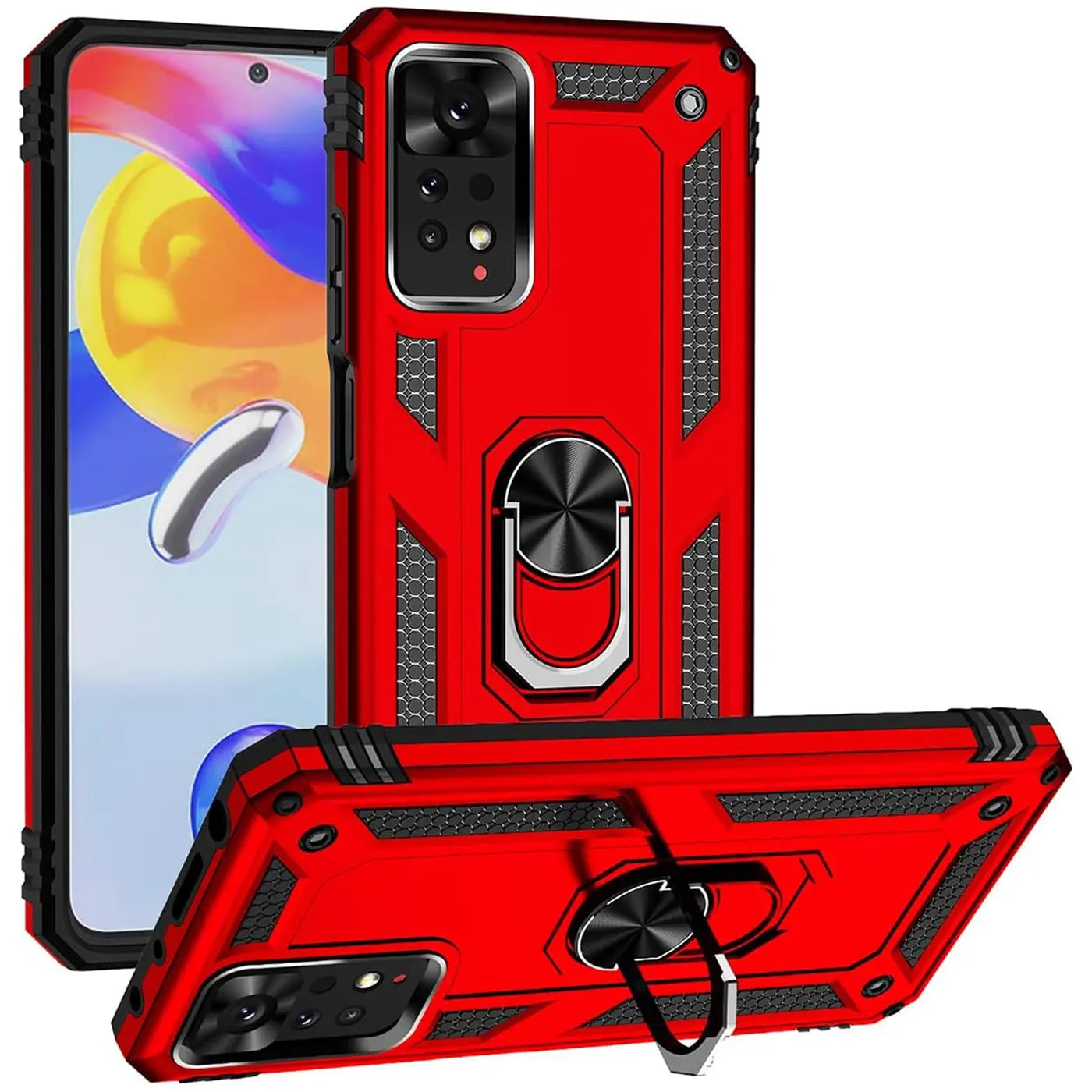 Rote Military Hülle mit Ringhalter für Xiaomi Redmi Note 11 / 11s, aus Kunststoff, von vorne und unten gezeigt.