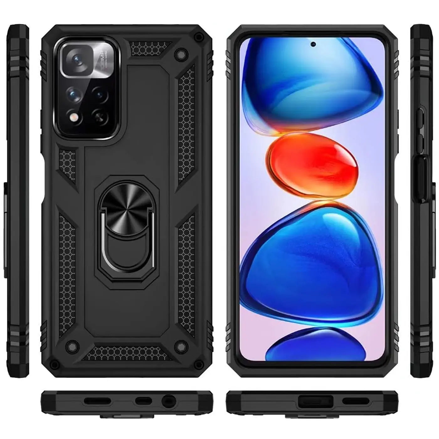 Schwarze Hülle aus Kunststoff mit Ringhalter für Xiaomi Redmi Note 11/11s, verschiedene Ansichten.