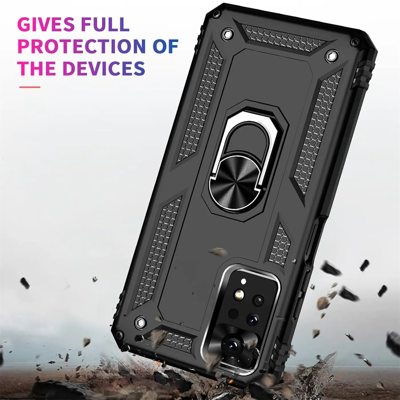 Schwarze Militärhülle aus Kunststoff mit Ringhalter für Xiaomi Redmi Note 11/11s, Rückansicht.