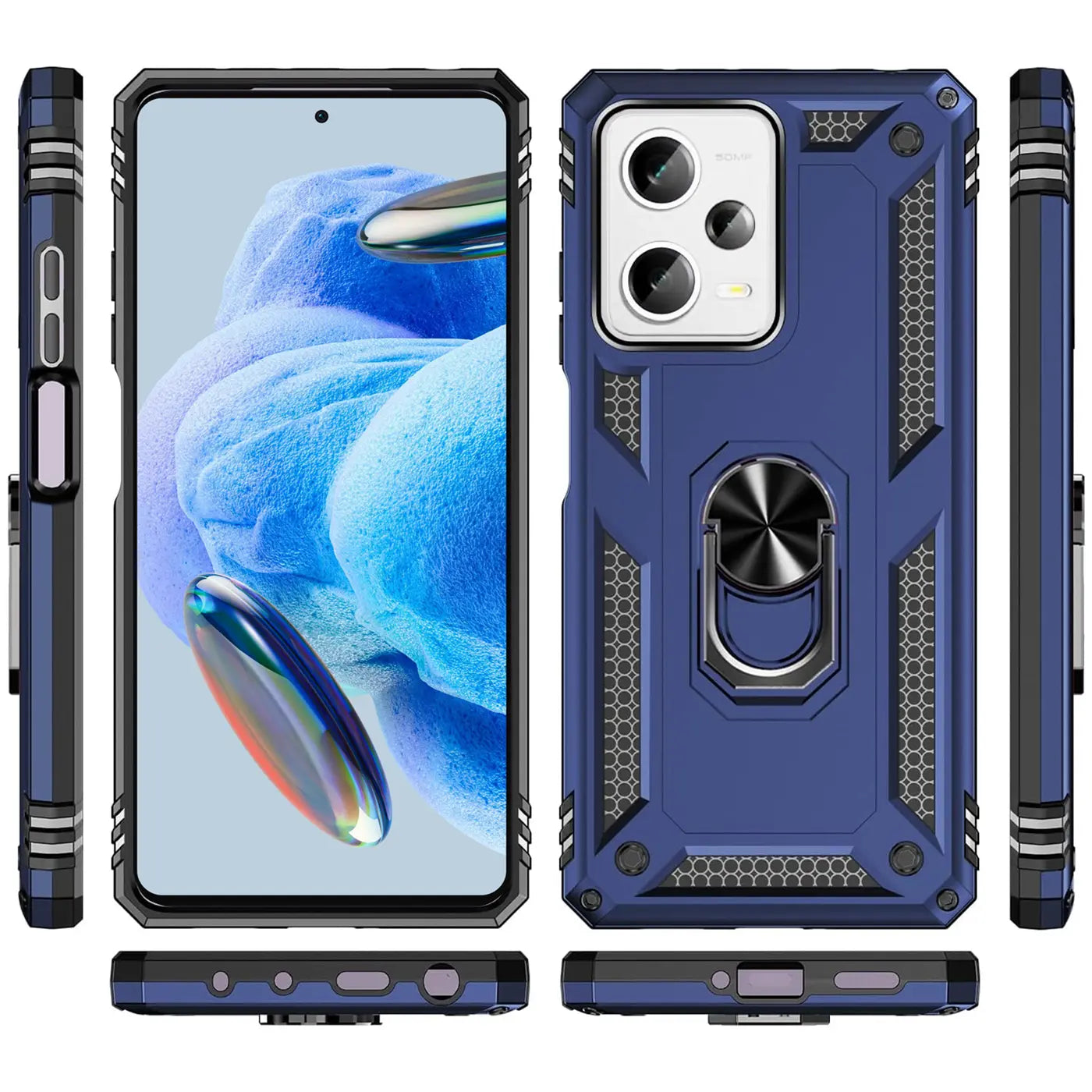 Blaue Militärhülle mit Ringhalter für Xiaomi Redmi Note 12 5G, verschiedene Ansichten.