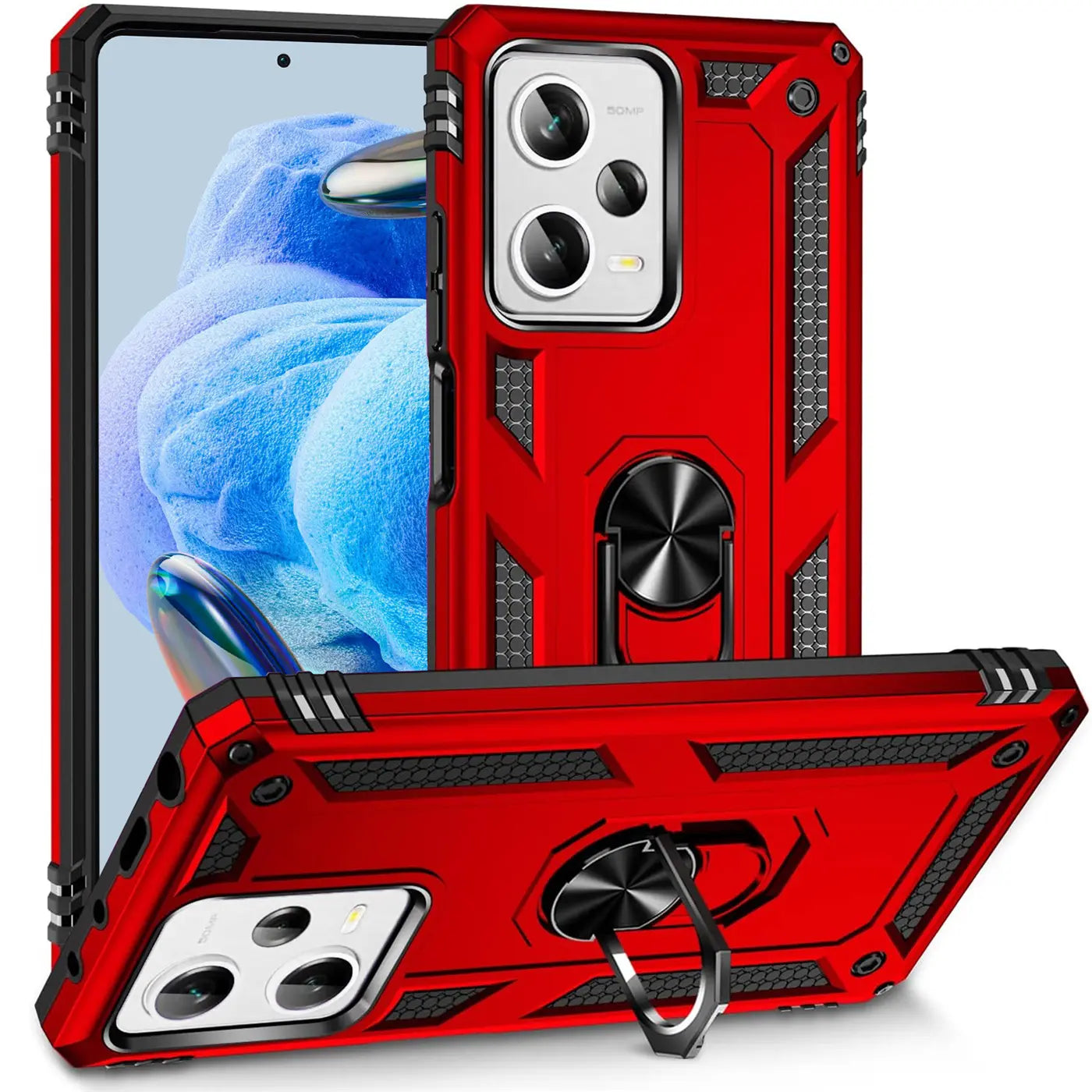 Rote Hülle mit Ringhalter für Xiaomi Redmi Note 12 5G, aus Kunststoff, von vorne/seitlich