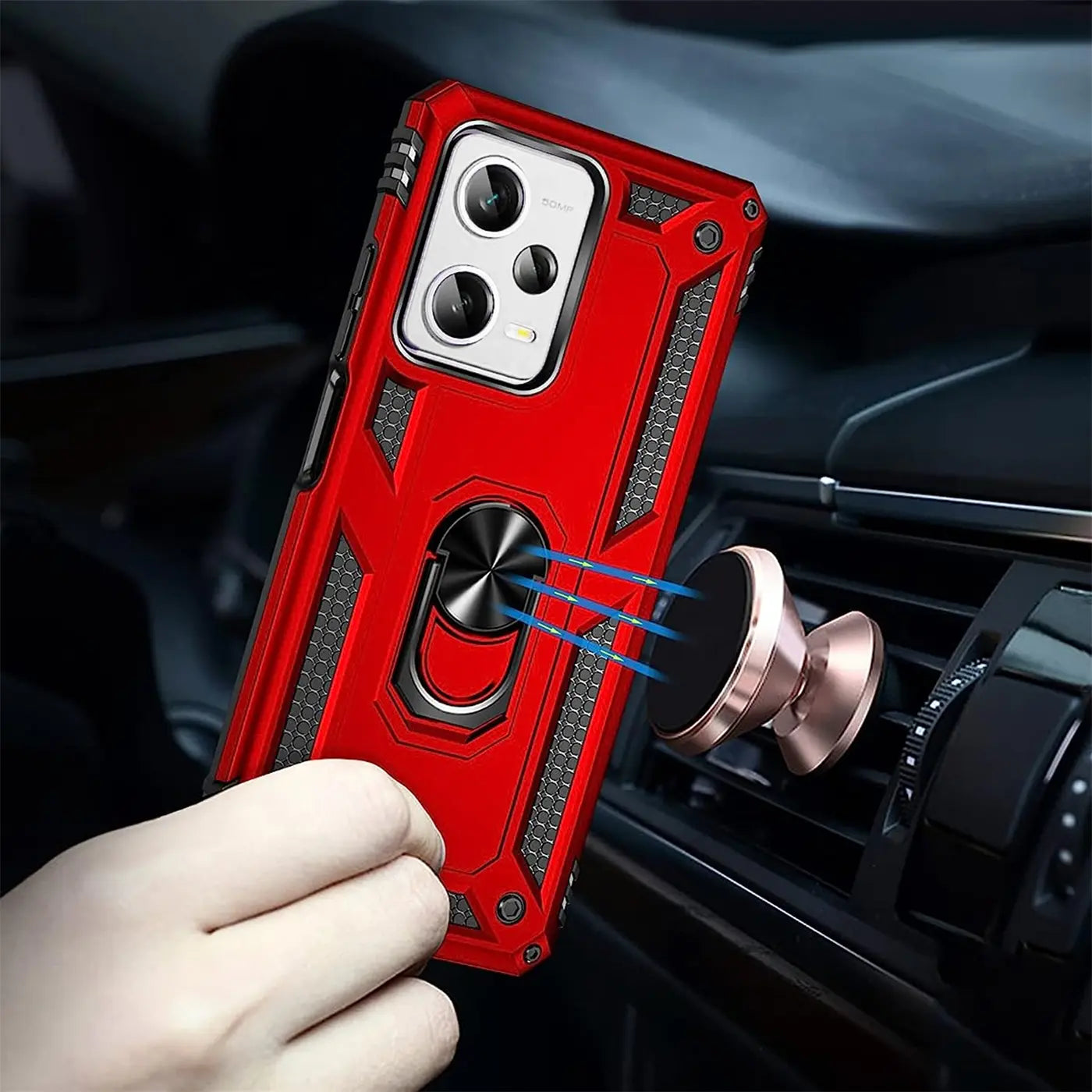 Rote Hülle mit Ringhalter für Xiaomi Redmi Note 12 5G, aus Kunststoff, von vorne gezeigt, magnetischer Autohalter.