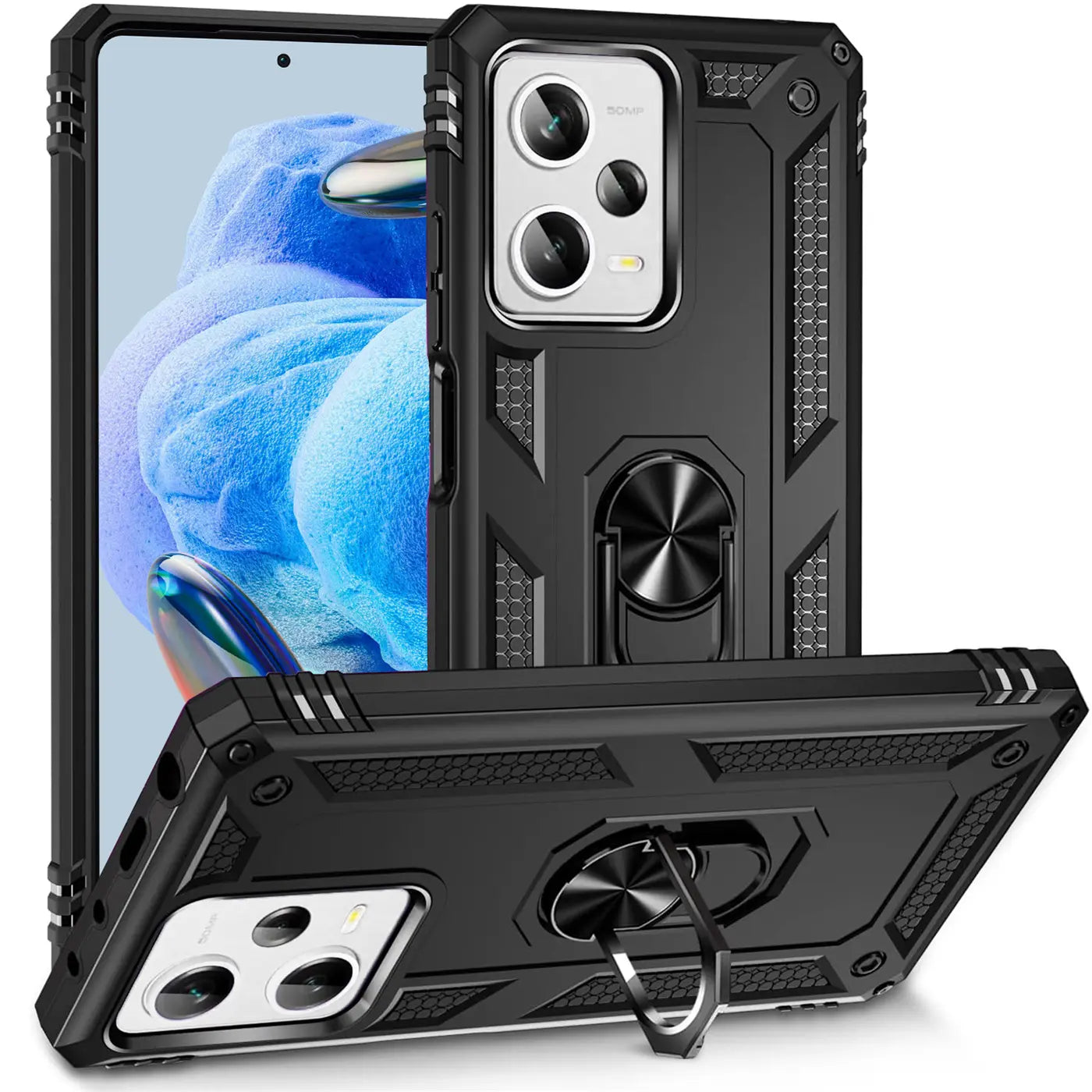 Schwarze Militärhülle aus Kunststoff mit Ringhalter für Xiaomi Redmi Note 12 5G, Vorder- und Rückansicht.