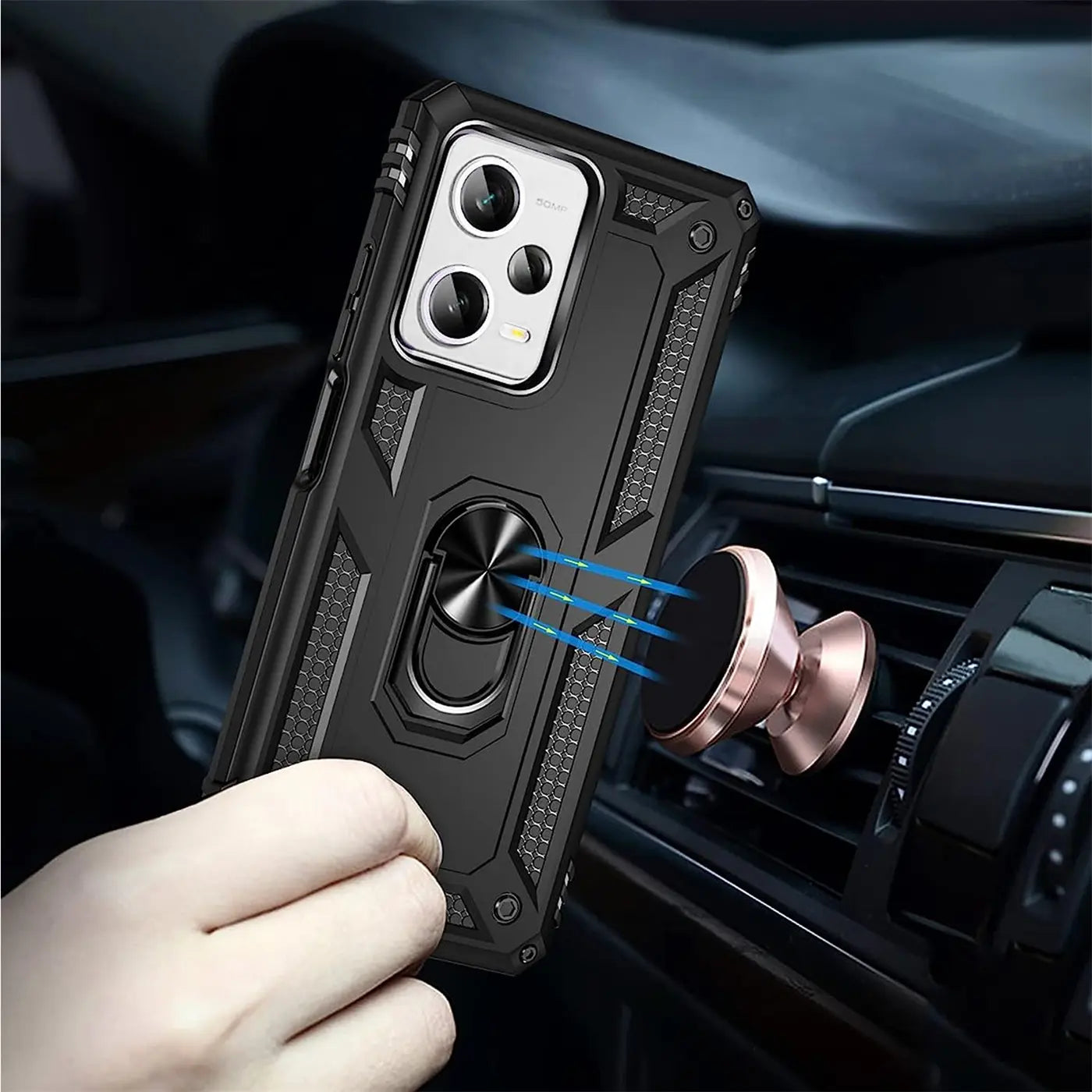 Schwarze Hülle mit Ringhalter für Xiaomi Redmi Note 12 5G, Nahaufnahme, im Auto