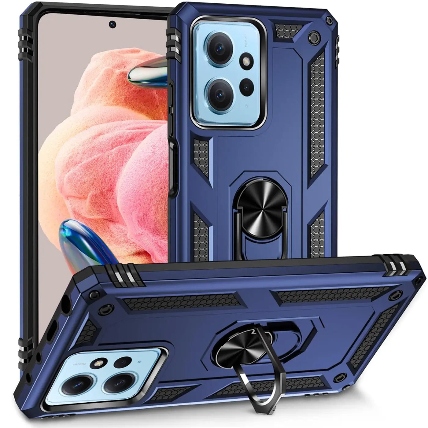 Blaue Hülle mit Ringhalter für Xiaomi Redmi Note 12 4G, von vorne und unten gezeigt.