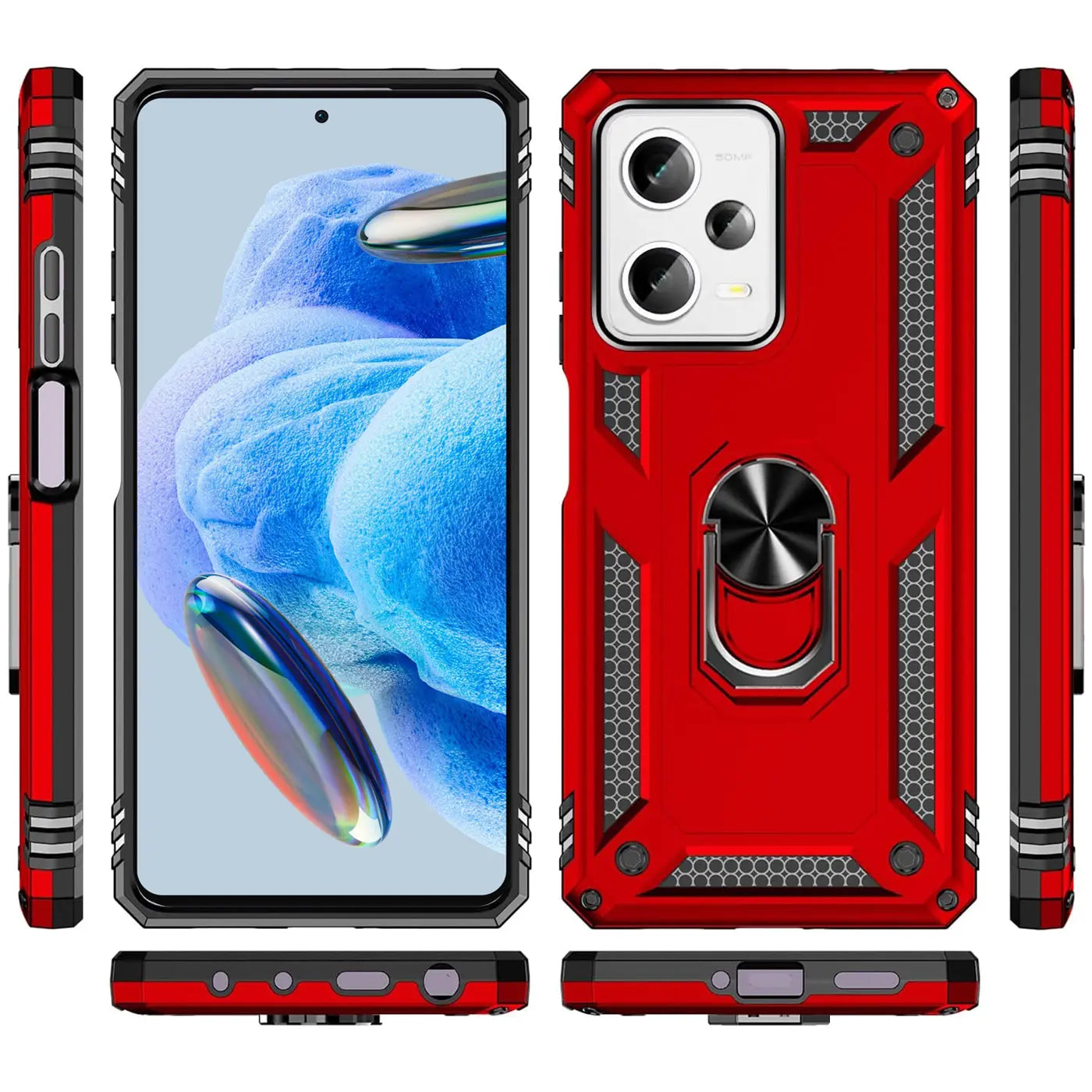 Rote Hülle mit Ringhalter für Xiaomi Redmi Note 12 Pro 5G, verschiedene Ansichten.