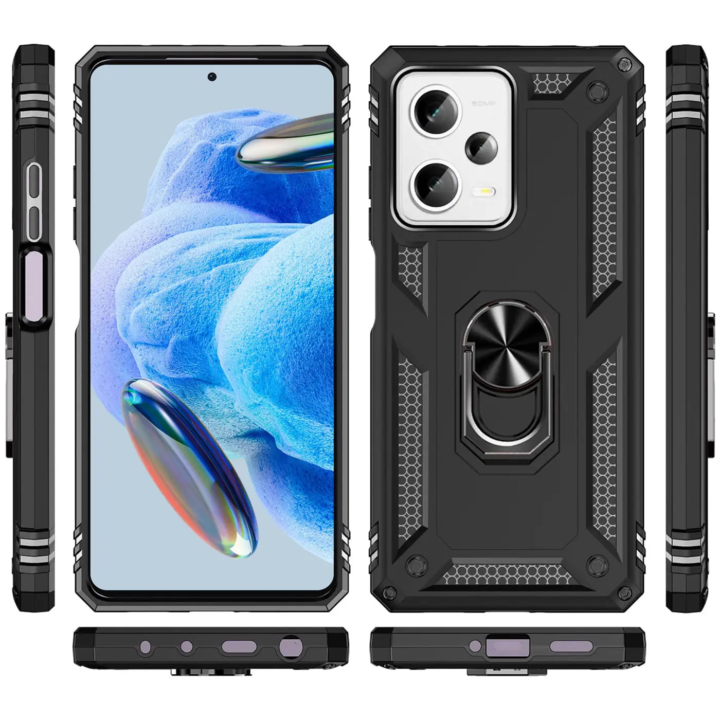 Schwarze Militärhülle mit Ringhalter für Xiaomi Redmi Note 12 Pro 5G, Vorder- und Rückansicht.