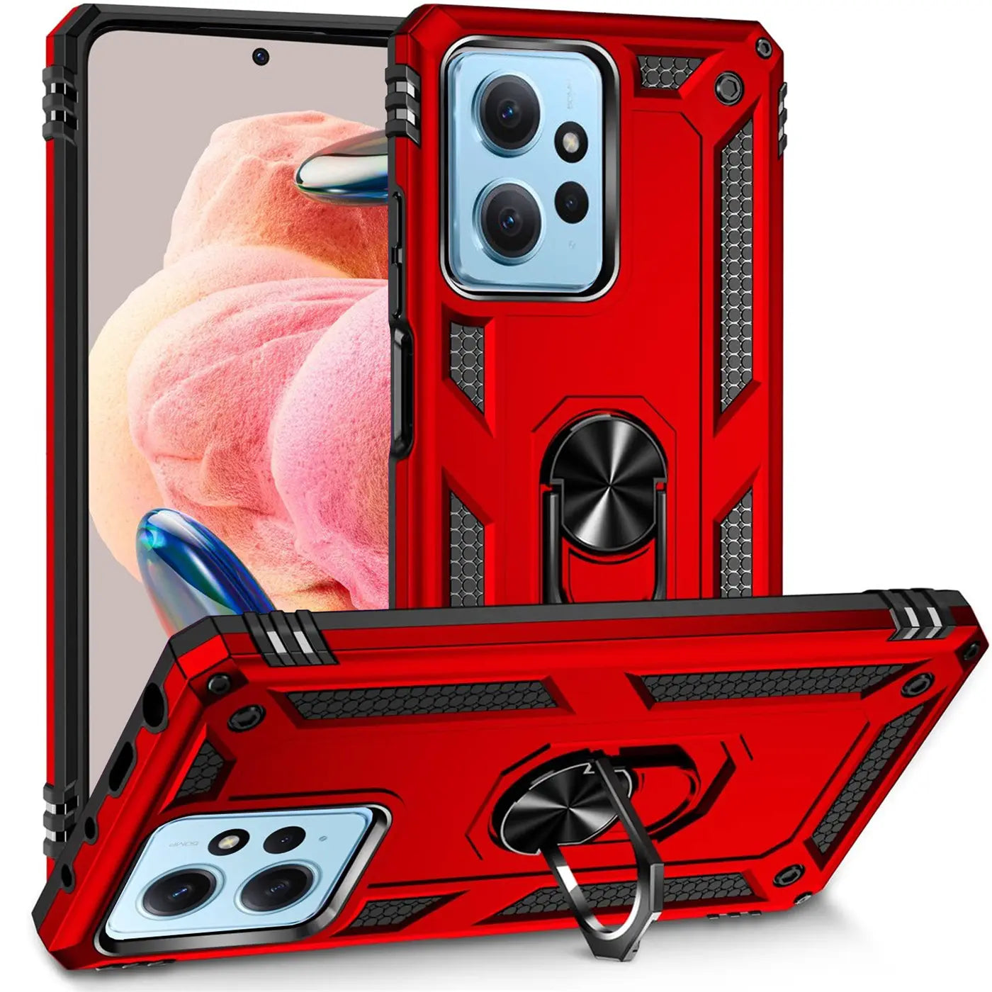 Rote Military Hülle mit Ringhalter für Xiaomi Redmi Note 12 4G, von vorne/oben