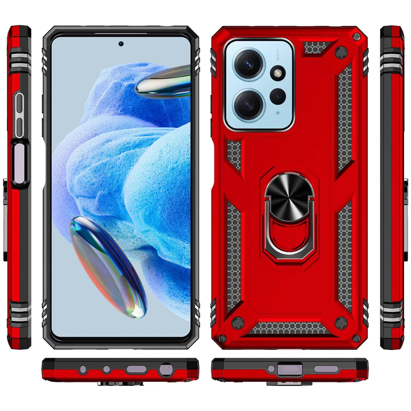 Rote Military Hülle mit Ringhalter für Xiaomi Redmi Note 12 4G, verschiedene Ansichten.