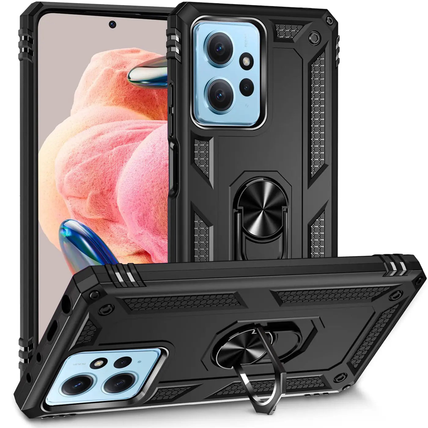 Schwarze Militärhülle aus Kunststoff mit Ringhalter für Xiaomi Redmi Note 12 4G, Seitenansicht.