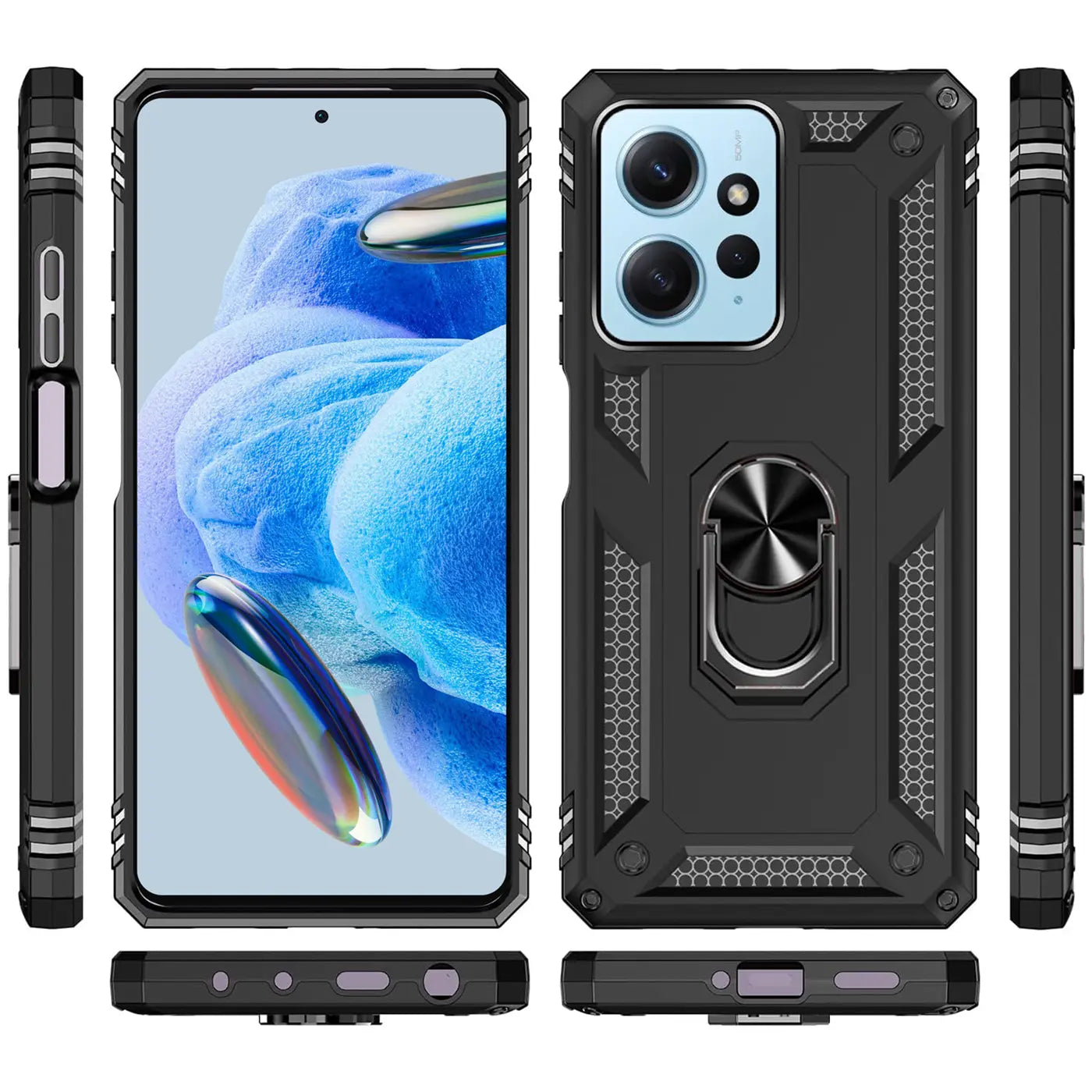 Schwarze Hülle aus Kunststoff mit Ringhalter für Xiaomi Redmi Note 12 4G, verschiedene Ansichten.