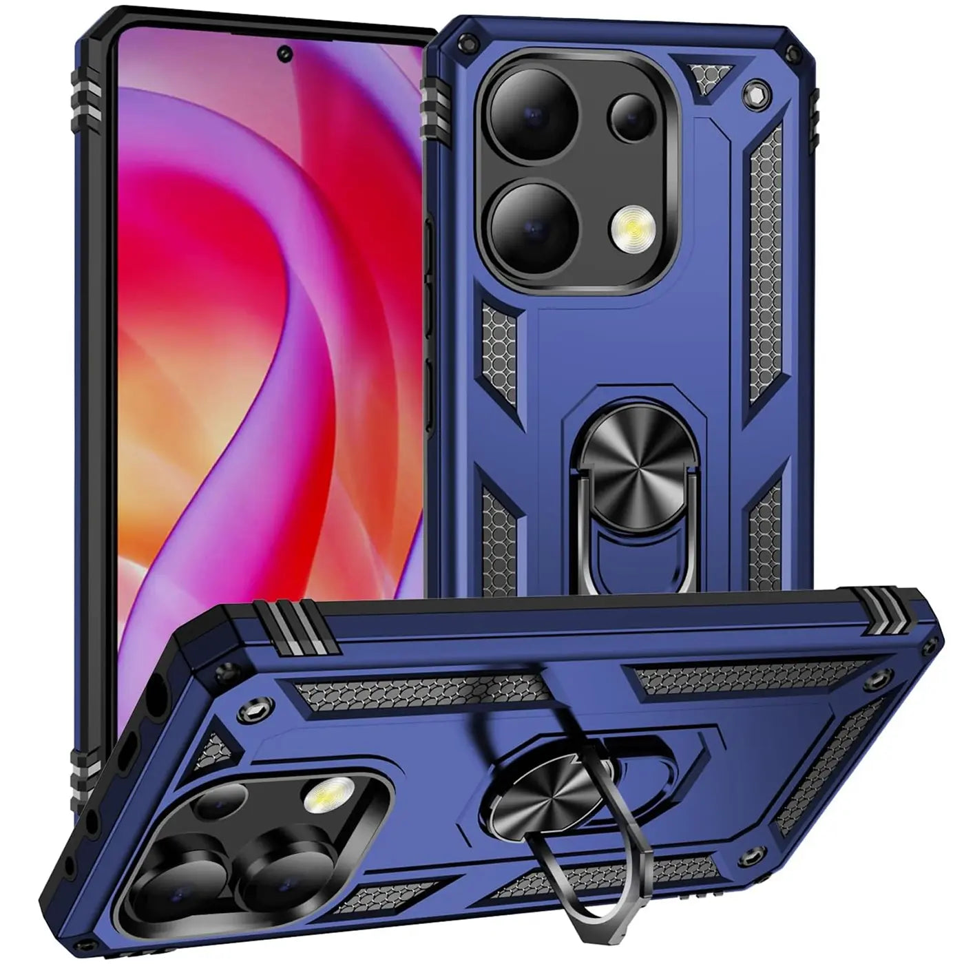 Blaue Hülle mit Ringhalter für Xiaomi Redmi Note 13 4G, von vorne und schräg