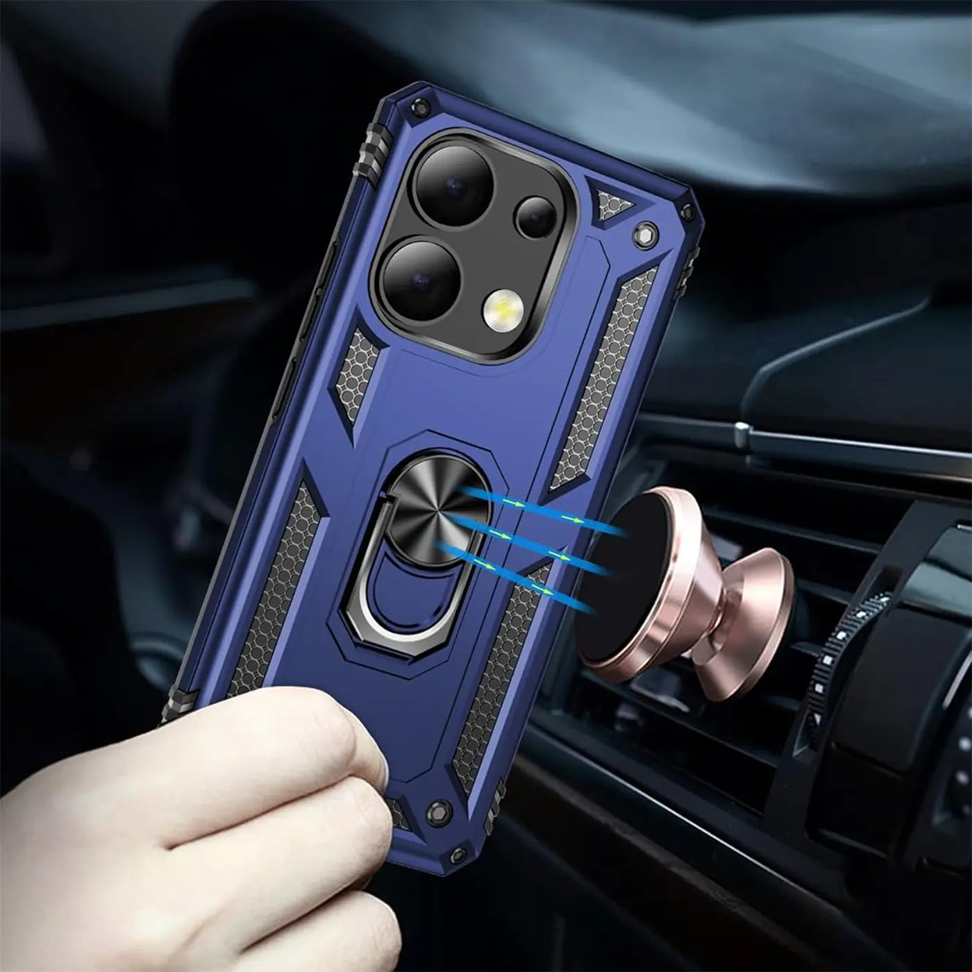 Blaue Hülle mit Ringhalter für Xiaomi Redmi Note 13 4G, Nahaufnahme, im Auto