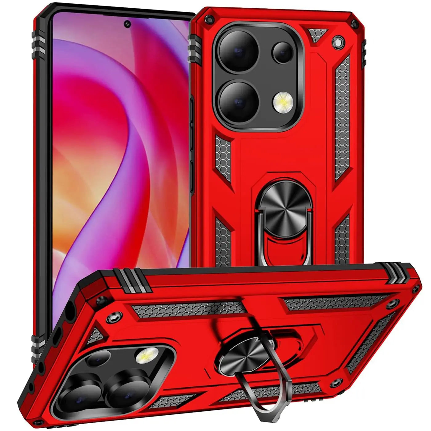 Rote Military Hülle mit Ringhalter, aus Kunststoff, drei Ansichten, zeigt Xiaomi Redmi Note 13 4G.