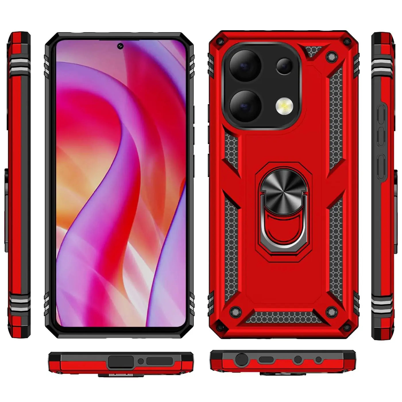 Rote Hülle mit Ringhalter für Xiaomi Redmi Note 13 4G, verschiedene Ansichten.