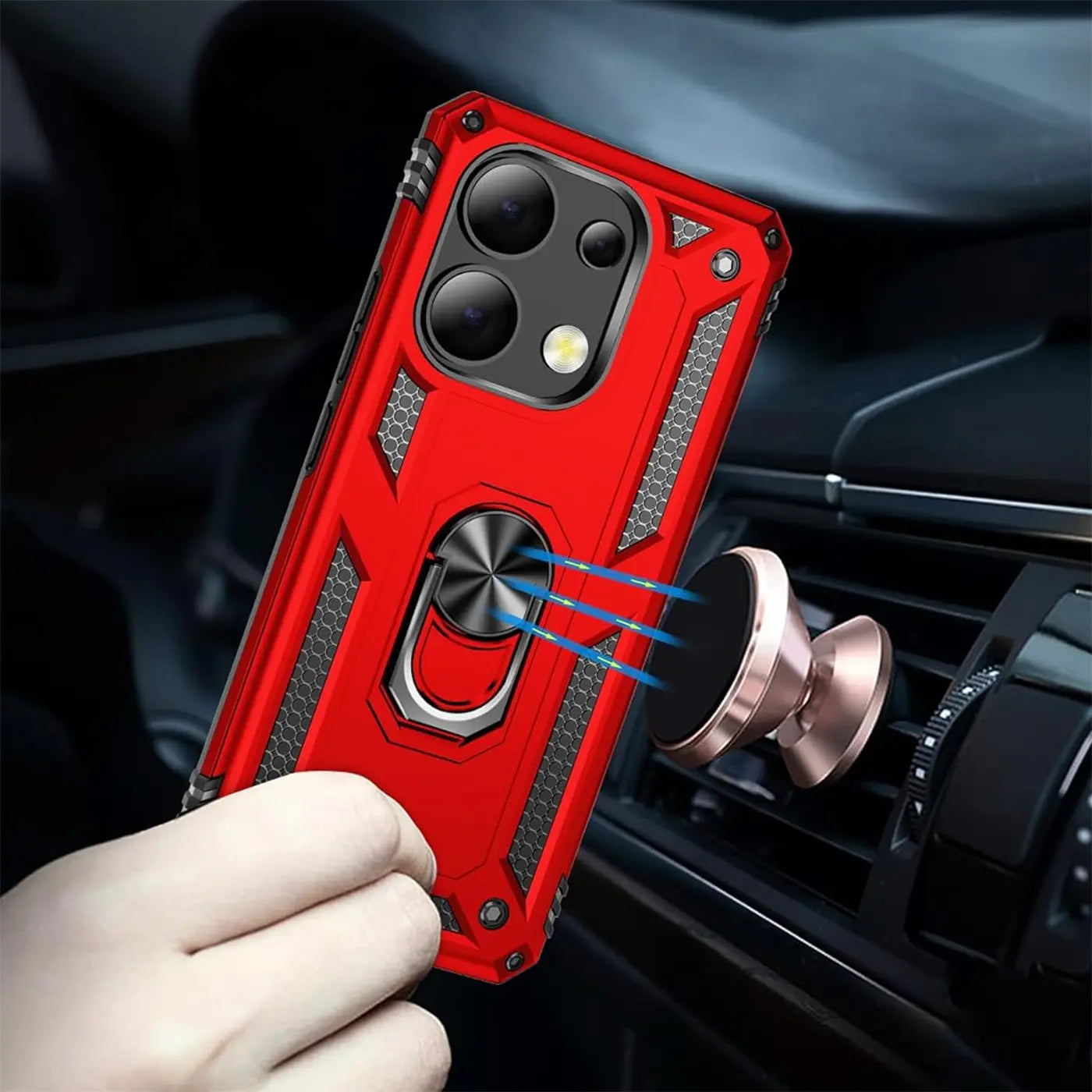 Rote Hülle mit Ringhalter, Metall, Nahaufnahme, Xiaomi Redmi Note 13 4G.