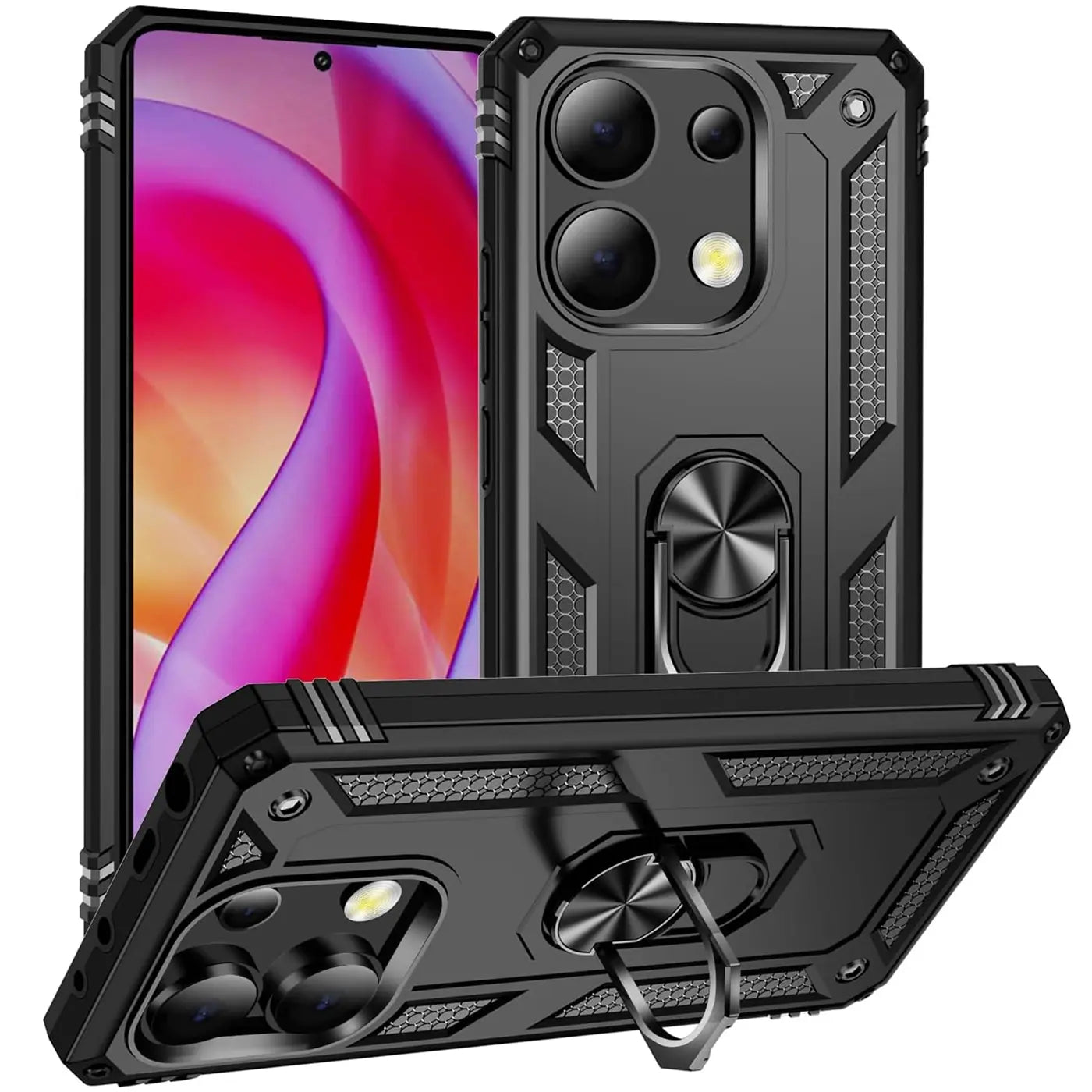 Schwarze Militär-Hülle mit Ringhalter für Xiaomi Redmi Note 13 4G, aus Kunststoff, von vorne und schräg