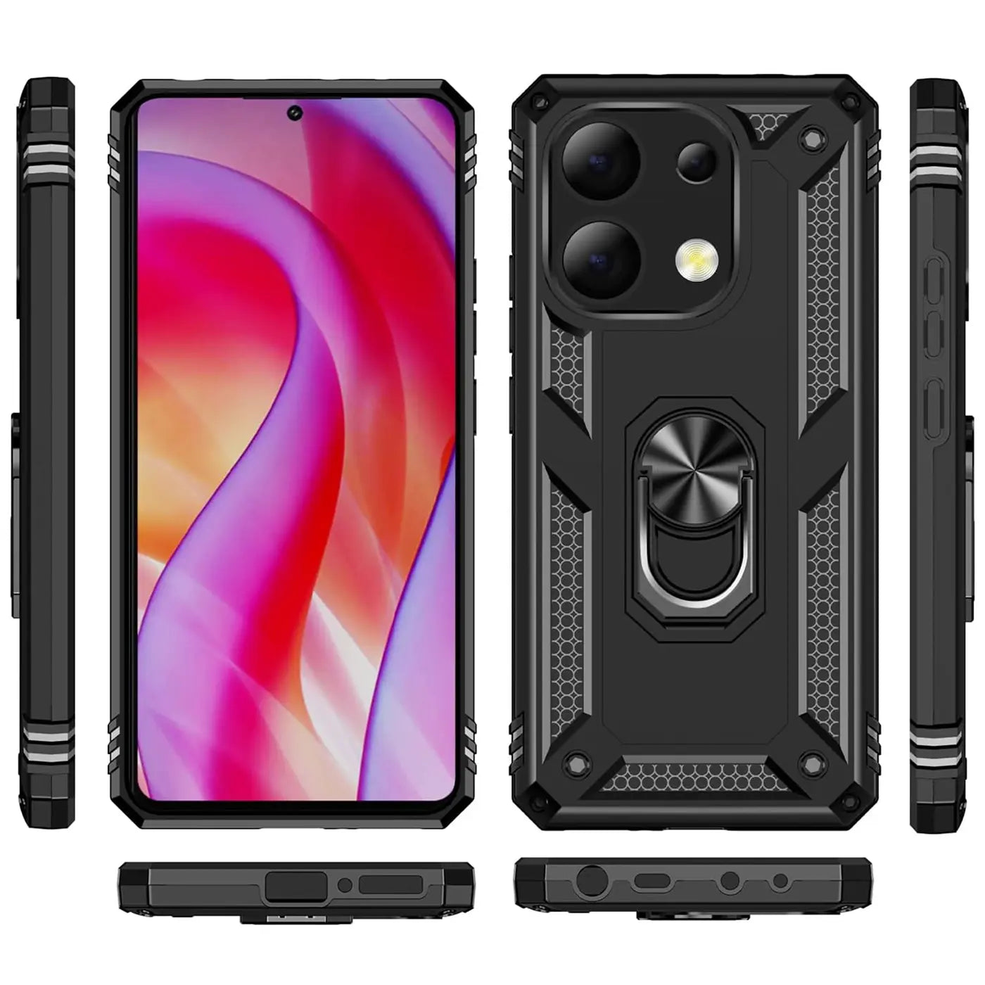 Schwarze Militärhülle aus Kunststoff mit Ringhalter für Xiaomi Redmi Note 13 4G, verschiedene Ansichten.