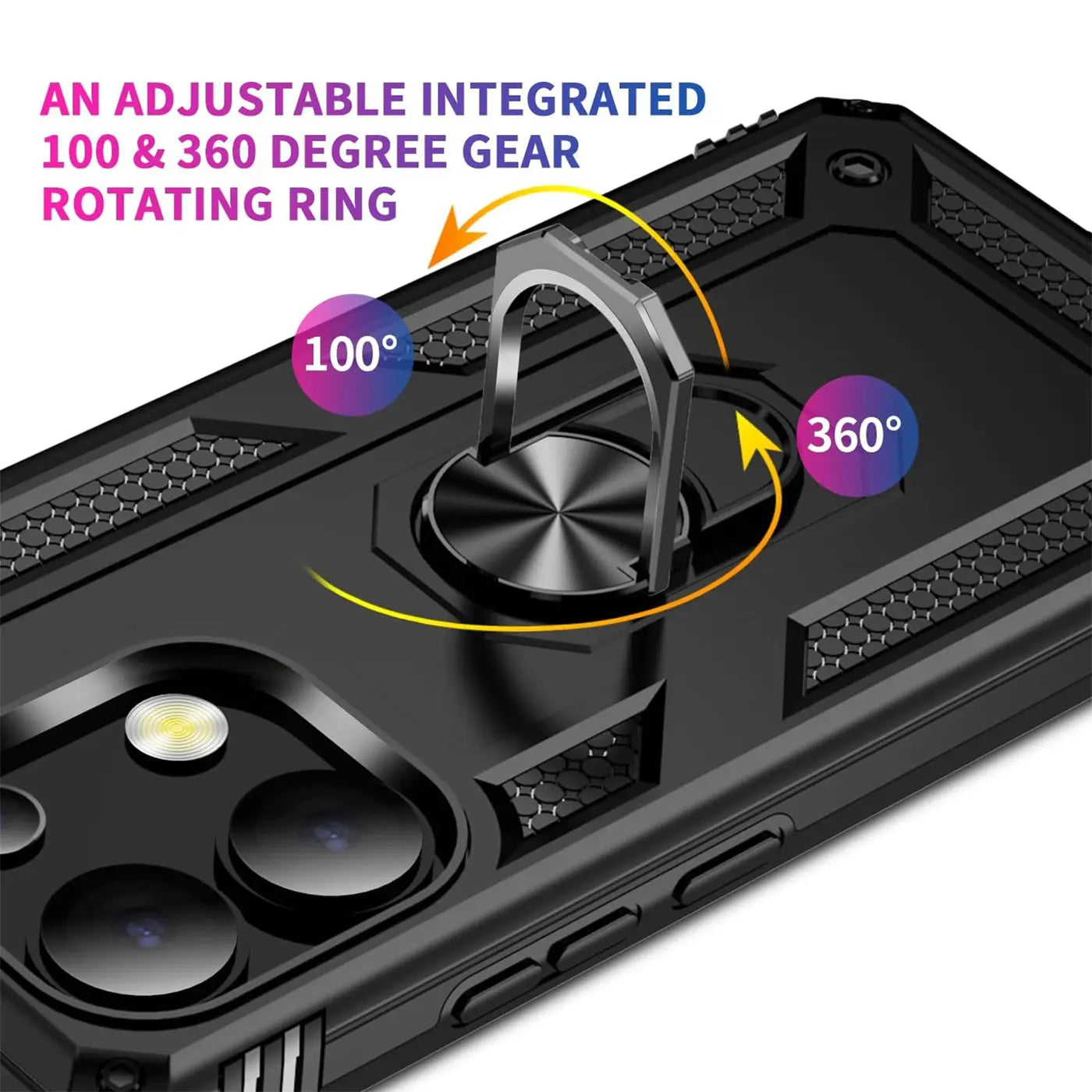 Schwarze Militärhülle aus Kunststoff mit silbernem Ringhalter, Rückansicht, Xiaomi Redmi Note 13 4G.
