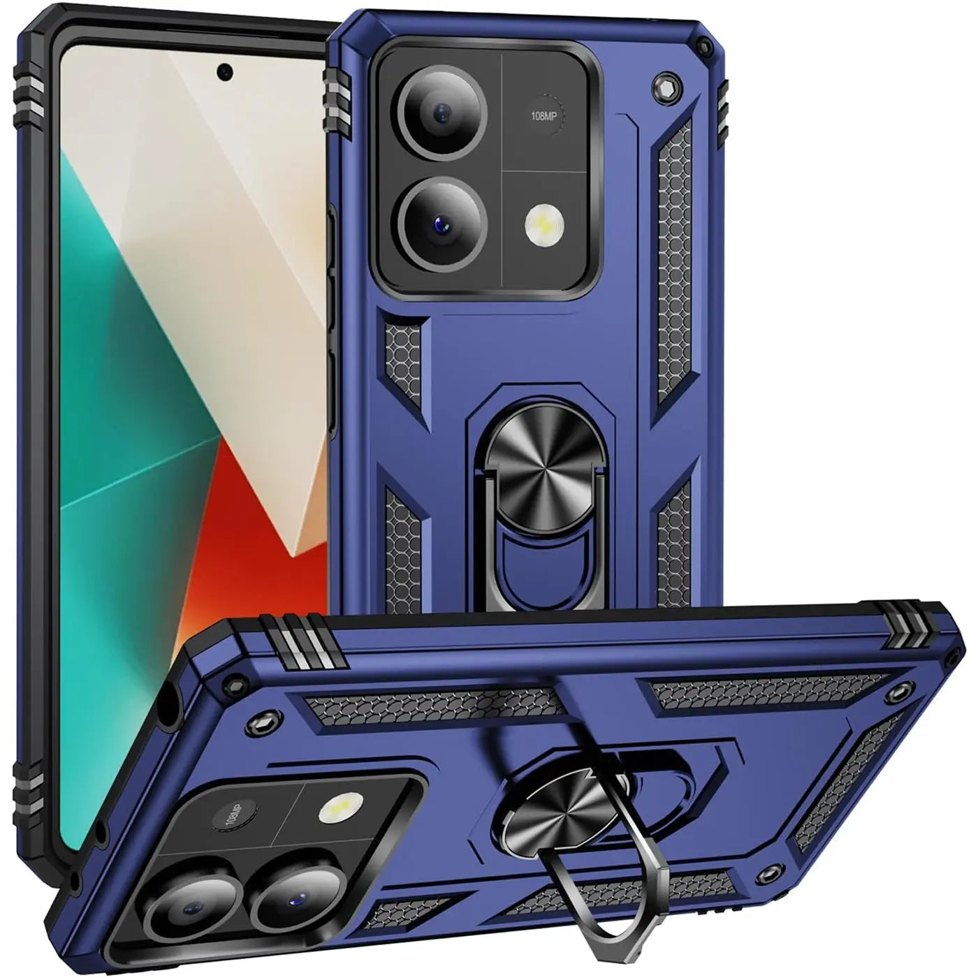 Blaue Hülle mit Ringhalter für Xiaomi Redmi Note 13 5G, aus Kunststoff, von vorne/seitlich.