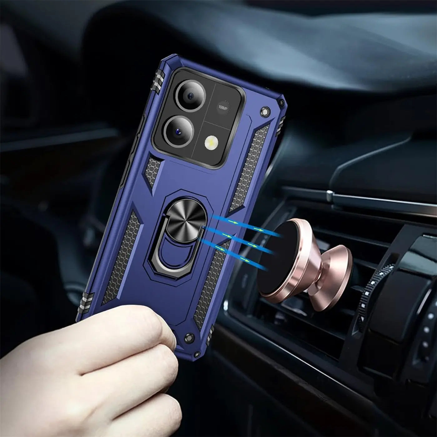Blaue Hülle mit Ringhalter für Xiaomi Redmi Note 13 5G, Nahaufnahme, Auto-Lüftungsschlitz.