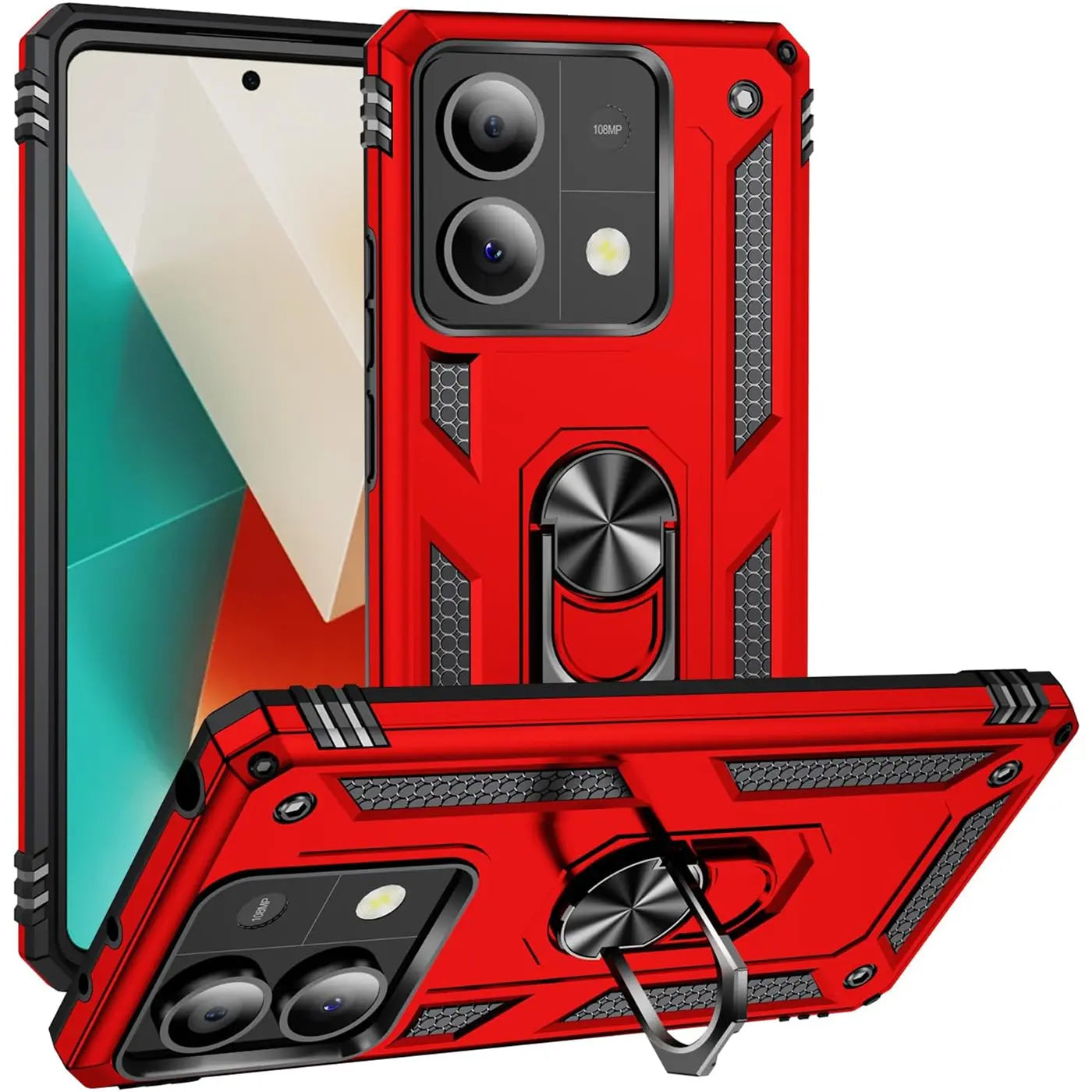 Rote Hülle mit Ringhalter, Kunststoff, Vorder- und Seitenansicht, erkennbar: Xiaomi Redmi Note 13 5G