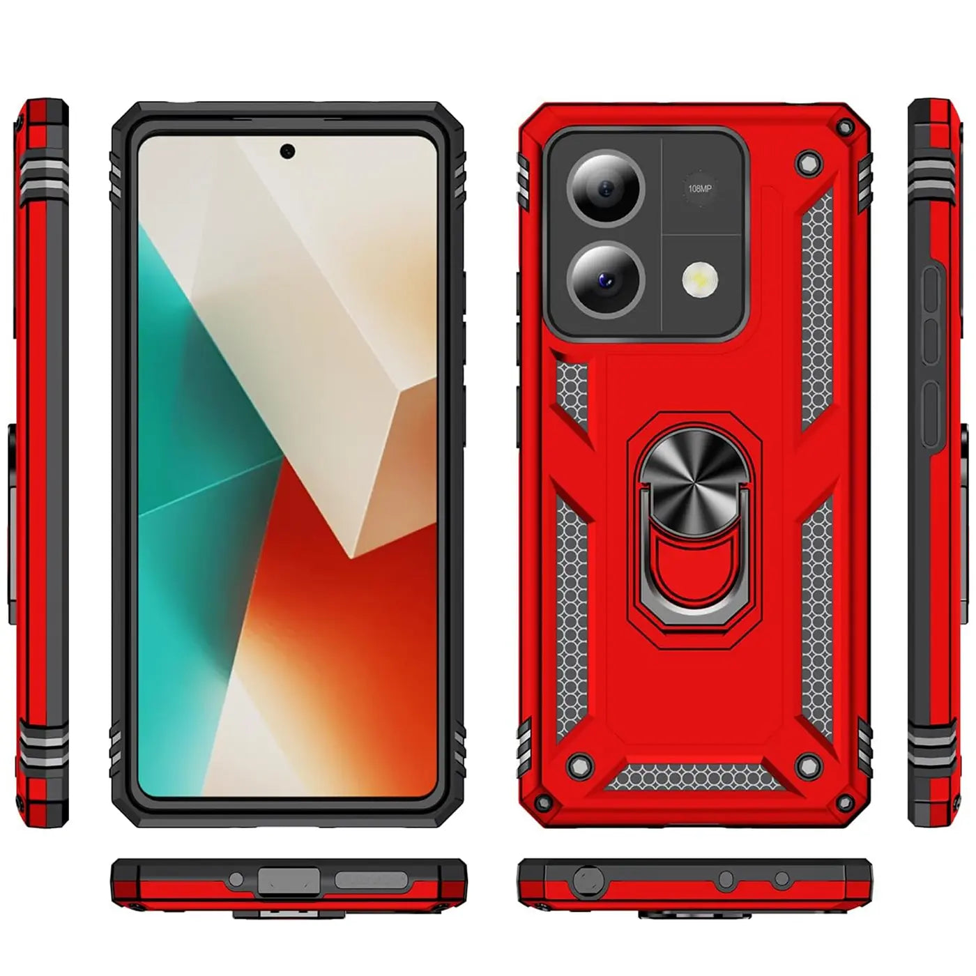 Rote Hülle mit Ringhalter für Xiaomi Redmi Note 13 5G, verschiedene Ansichten.