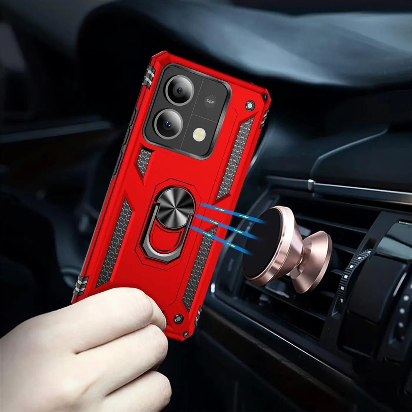 Rote Hülle mit Ringhalter für Xiaomi Redmi Note 13 5G, Nahaufnahme, Auto-Lüftungsschlitz-Halterung