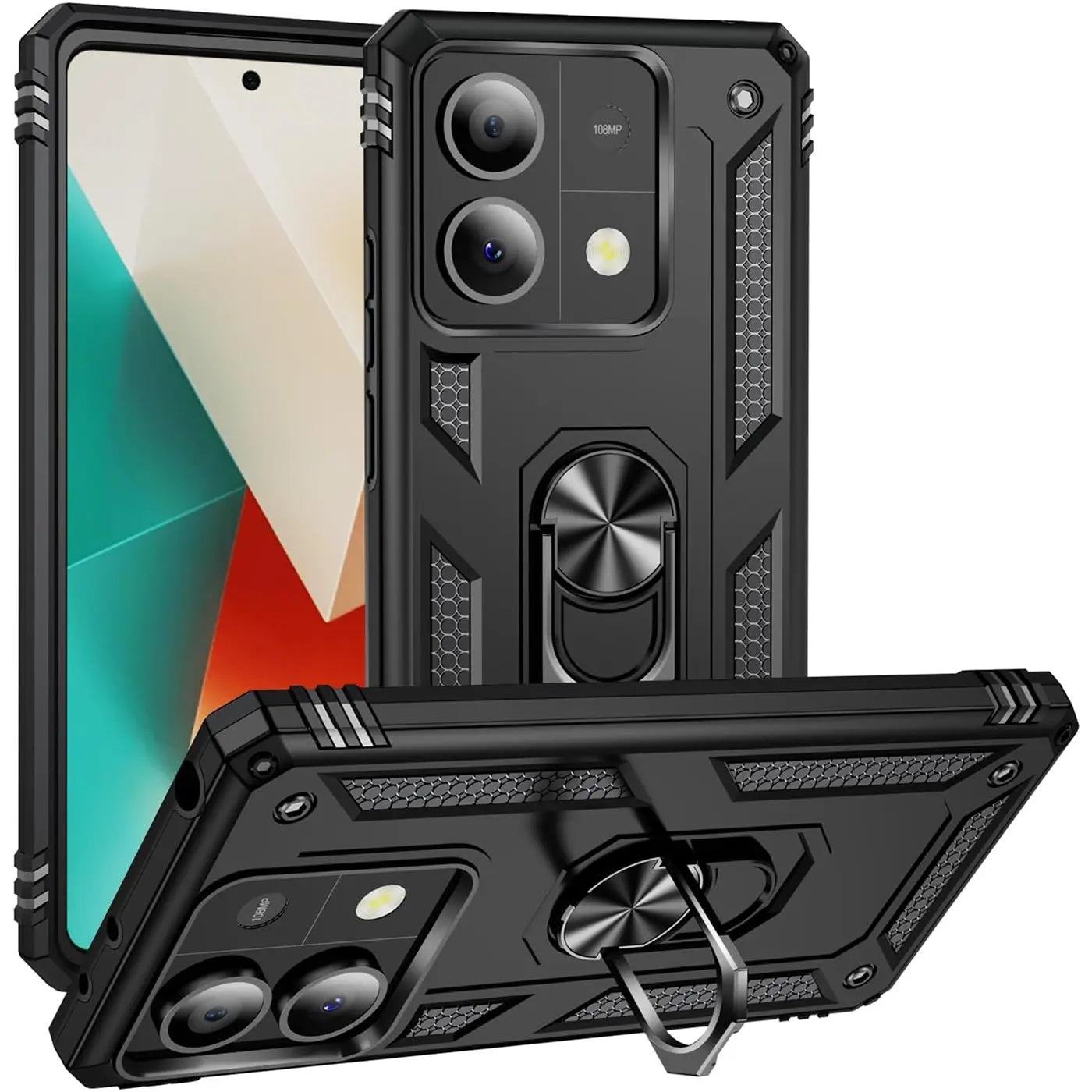Schwarze Hülle mit Ringhalter für Xiaomi Redmi Note 13 5G, aus Kunststoff, aus mehreren Winkeln