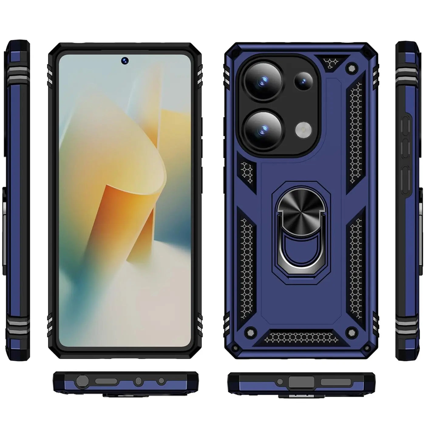 Blaue Hülle mit Ringhalter für Xiaomi Redmi Note 13 Pro 4G, von vorne und Seite gezeigt.