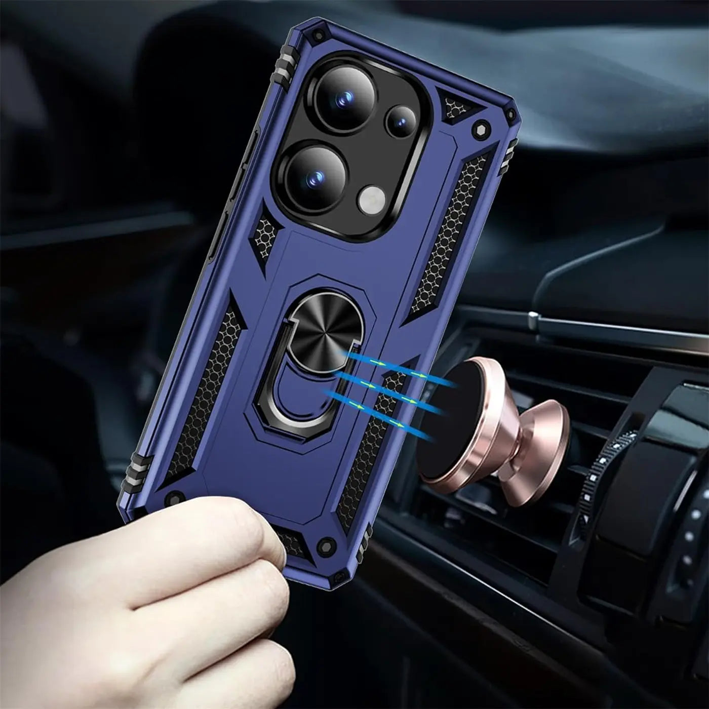 Blaue Hülle mit Ringhalter für Xiaomi Redmi Note 13 Pro 4G, Nahaufnahme.