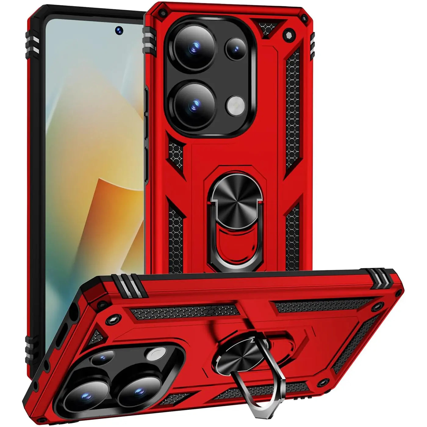 Rote Hülle aus Kunststoff mit Ringhalter für Xiaomi Redmi Note 13 Pro 4G, Draufsicht.