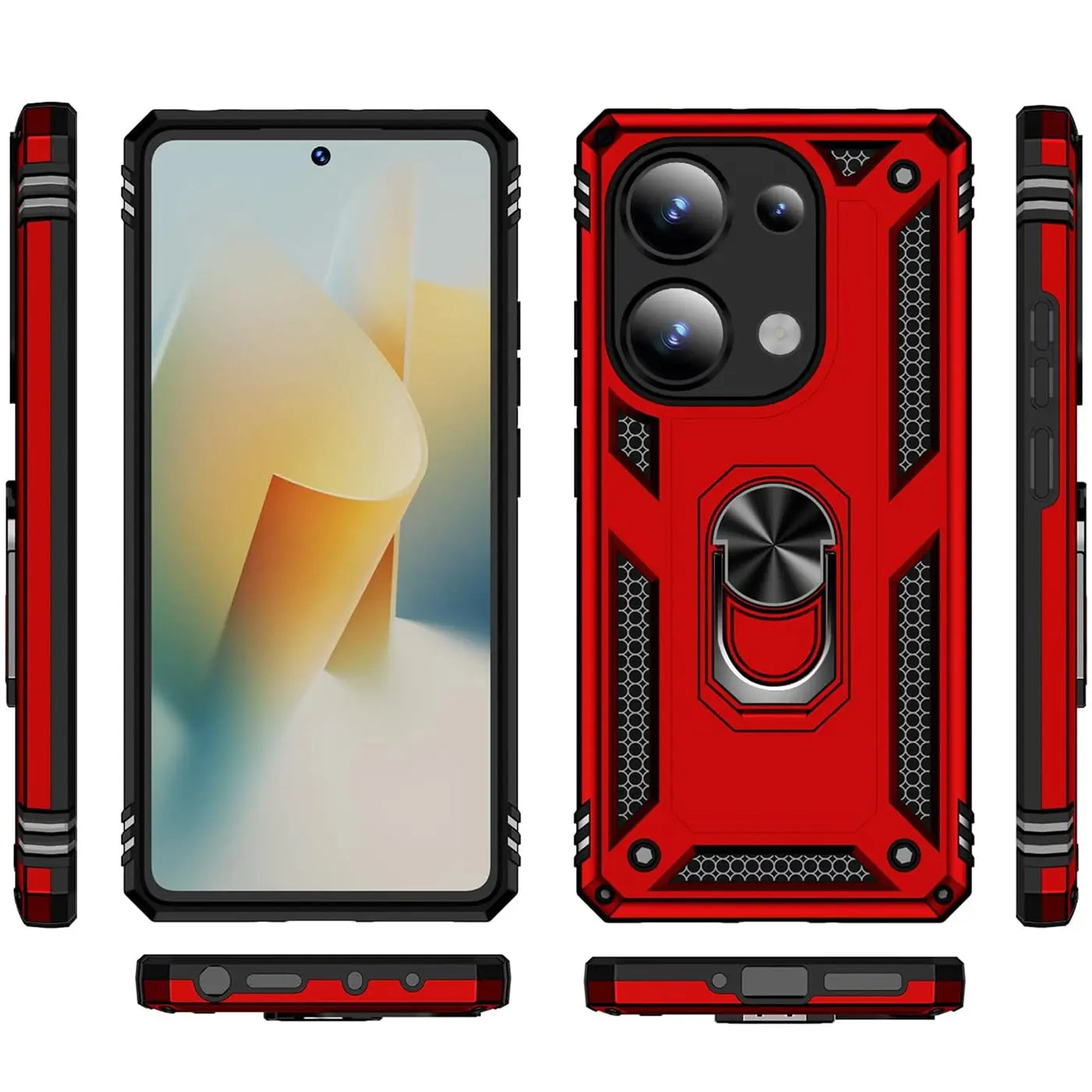 Rote Hülle mit Ringhalter für Xiaomi Redmi Note 13 Pro 4G, Rückansicht.