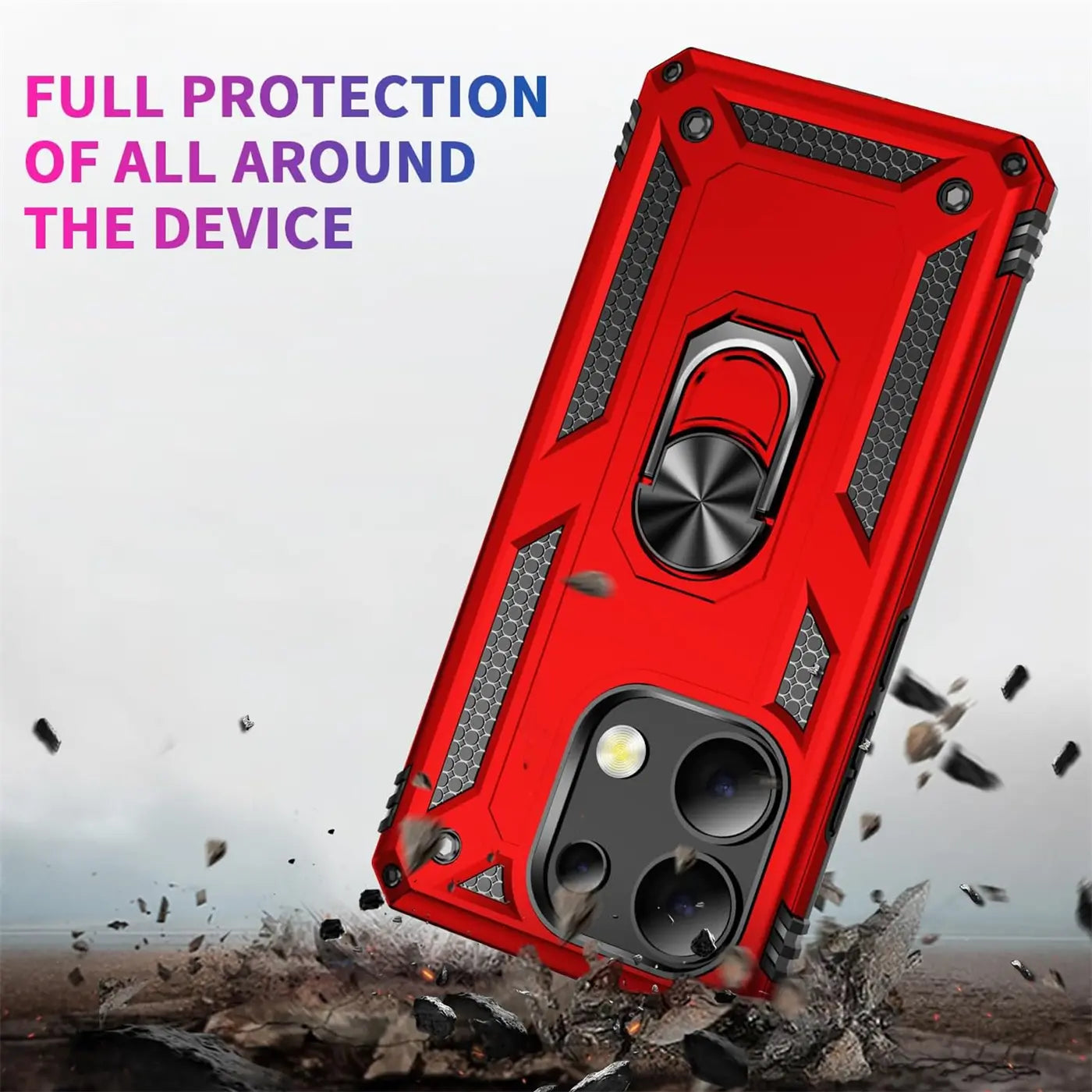 Rote Military Hülle mit Ringhalter für Xiaomi Redmi Note 13 Pro 4G, von schräg oben.