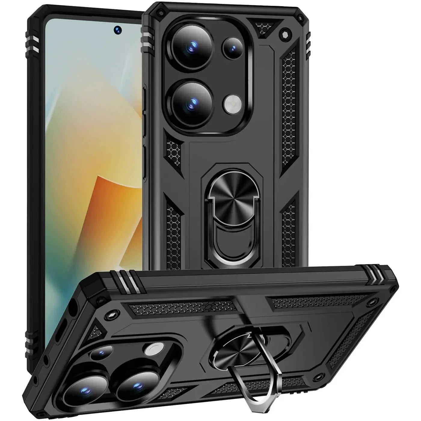 Schwarze Militär-Hülle mit Ringhalter für Xiaomi Redmi Note 13 Pro 4G, von vorne/oben