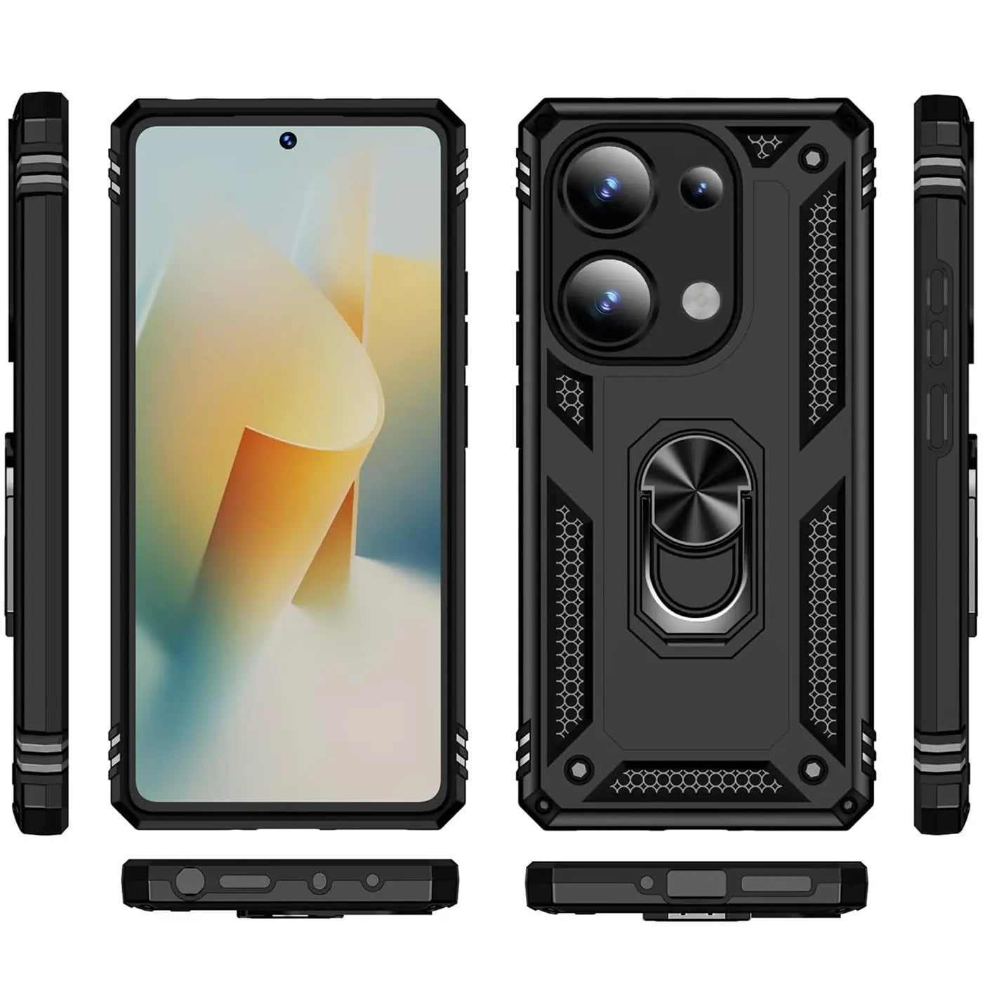 Schwarze Militärhülle aus Kunststoff mit Ringhalter für Xiaomi Redmi Note 13 Pro 4G.