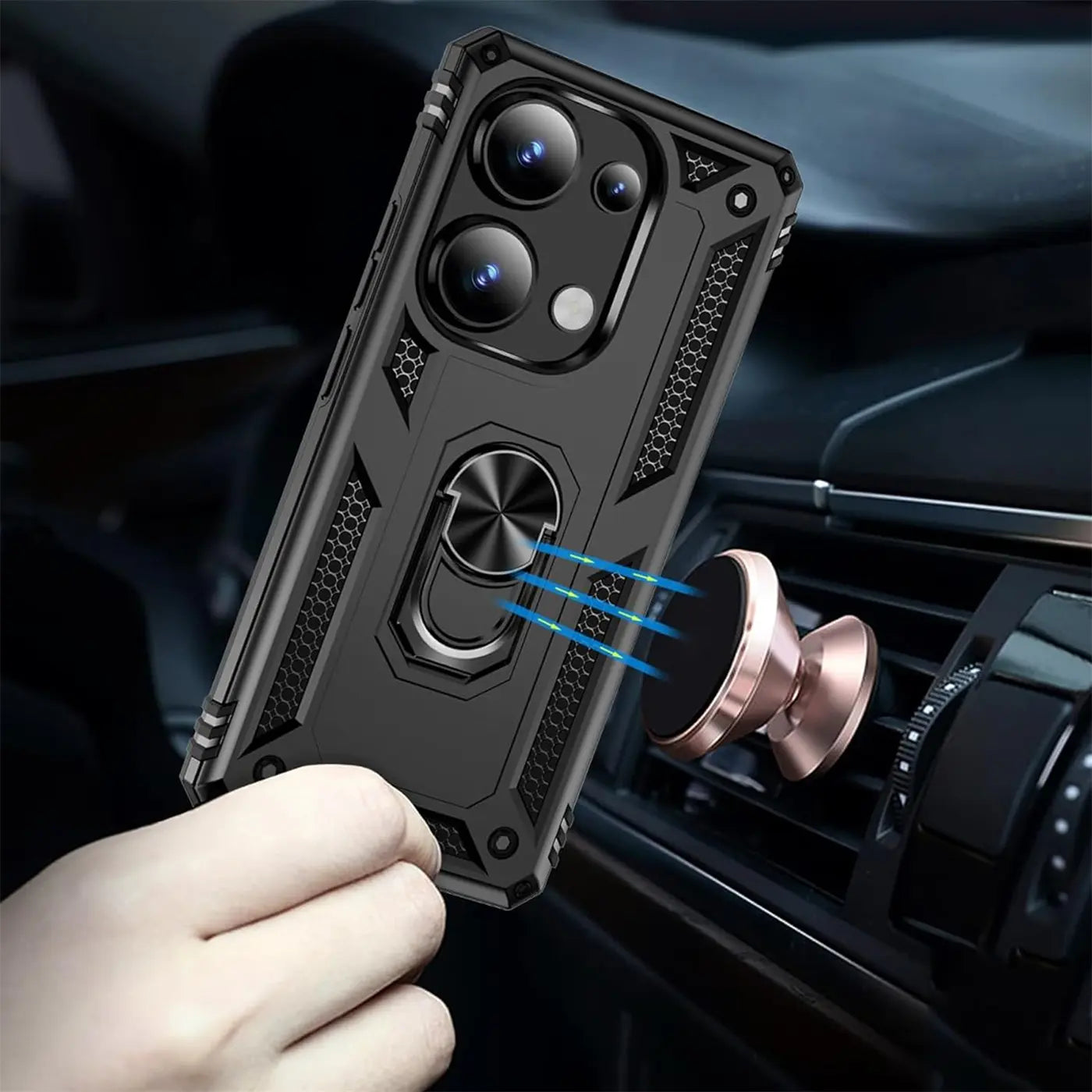 Schwarze Militär-Handyhülle mit Ringhalter, aus Kunststoff, Nahaufnahme, Xiaomi Redmi Note 13 Pro 4G.