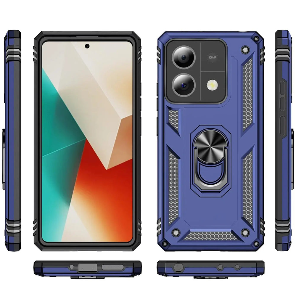Blaue Hülle mit Ringhalter für Xiaomi Redmi Note 13 Pro 5G, von vorne, hinten und Seite gezeigt.