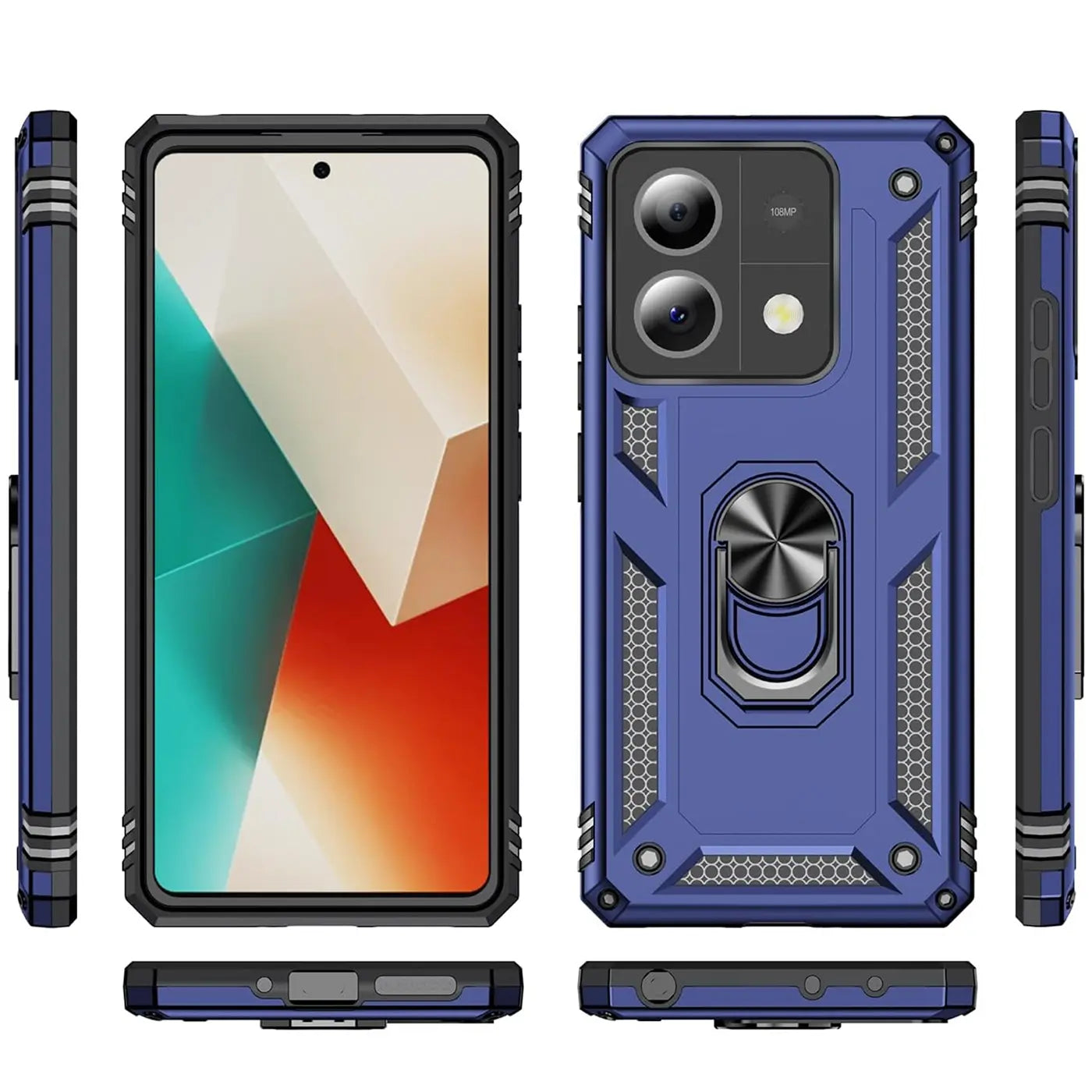 Blaue Hülle mit Ringhalter für Xiaomi Redmi Note 13 Pro 5G, von vorne, hinten und Seite gezeigt.