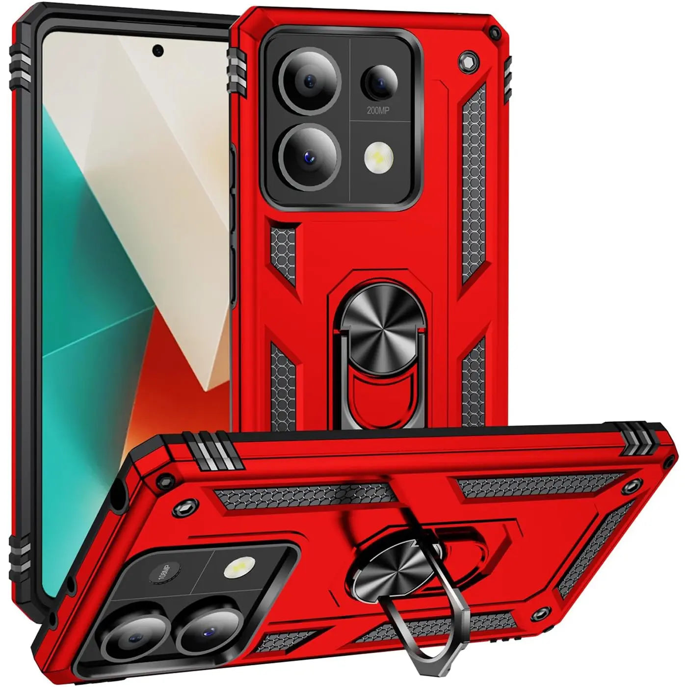 Rote Military Hülle aus Kunststoff mit Ringhalter für Xiaomi Redmi Note 13 Pro 5G, Seitenansicht.