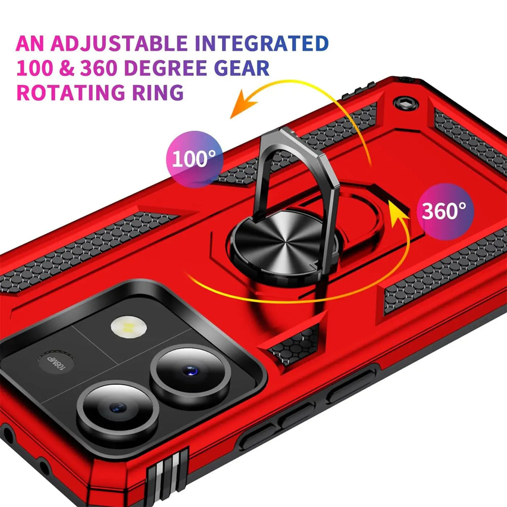 Rote Hülle aus Kunststoff mit Ringhalter, Nahaufnahme, Xiaomi Redmi Note 13 Pro 5G.