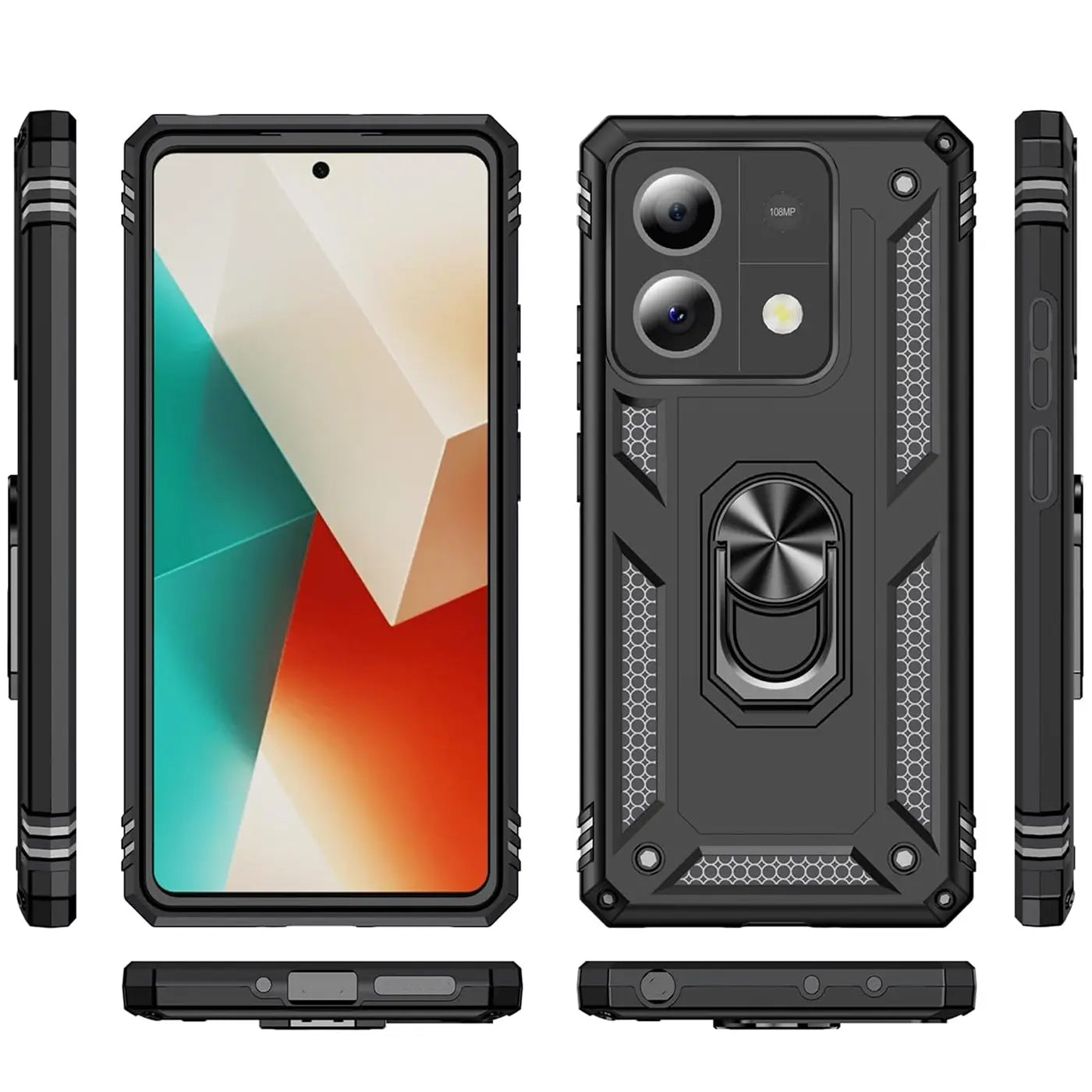 Schwarze Militärhülle aus Kunststoff mit Ringhalter für Xiaomi Redmi Note 13 Pro 5G, verschiedene Ansichten.